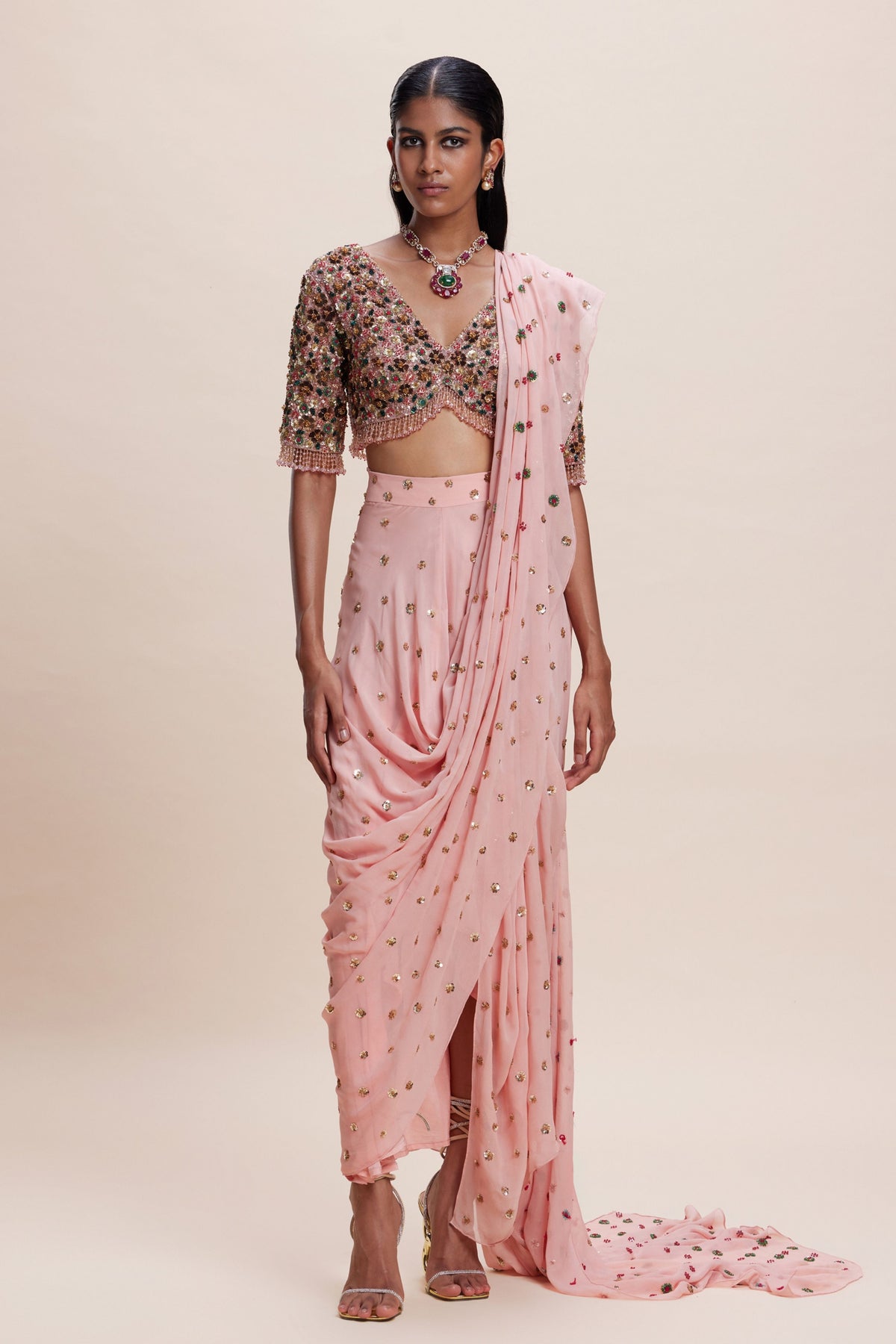 Pink Draped Saree Set