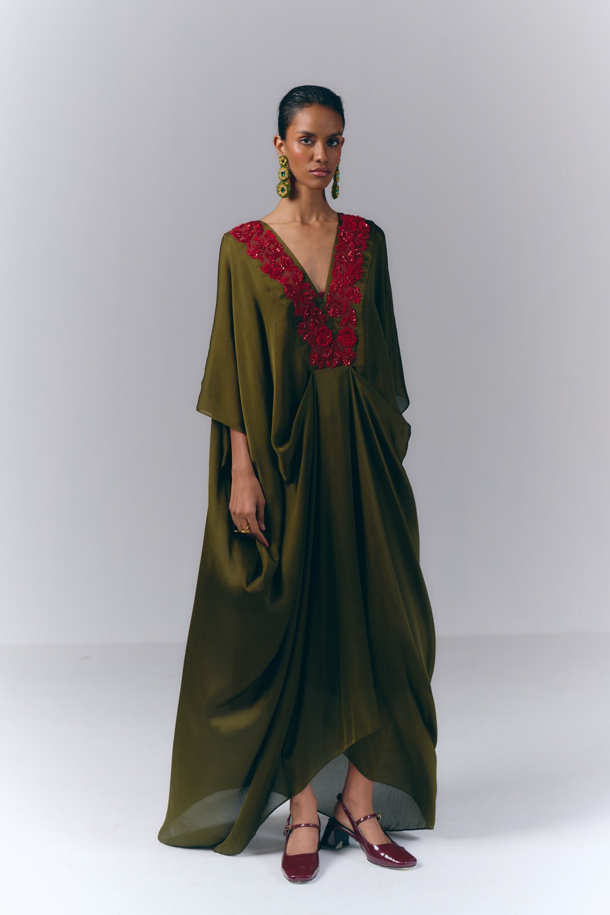 Sage Green Embroidered Draped Kaftan