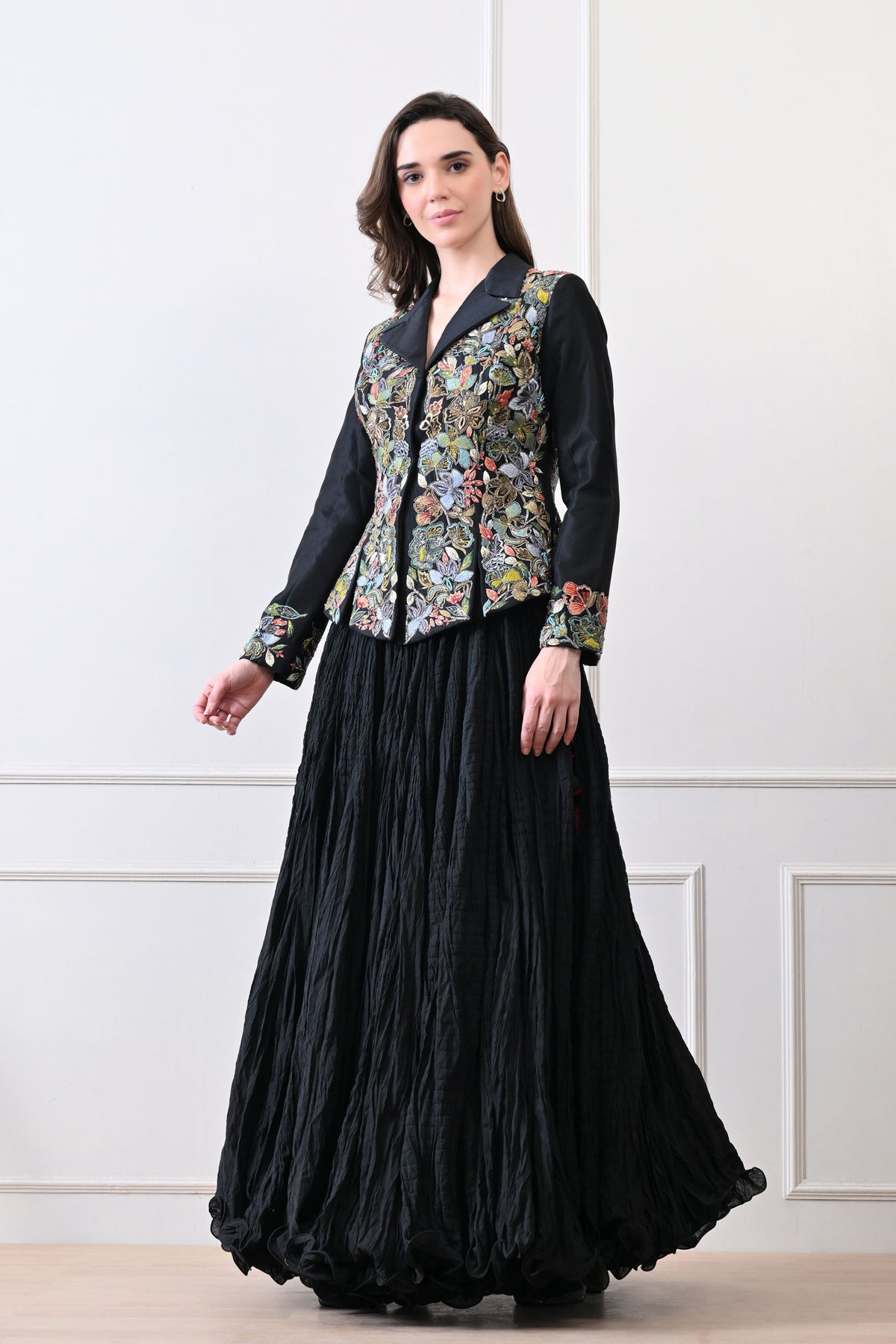 Black Silk Embroidered Jacket Set