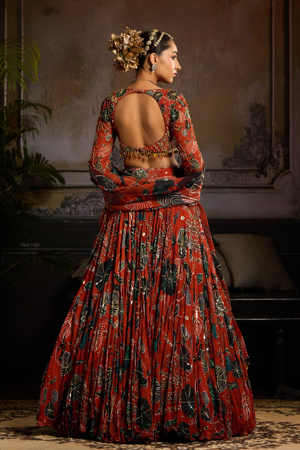 Rust Leaf Print Lehenga Set