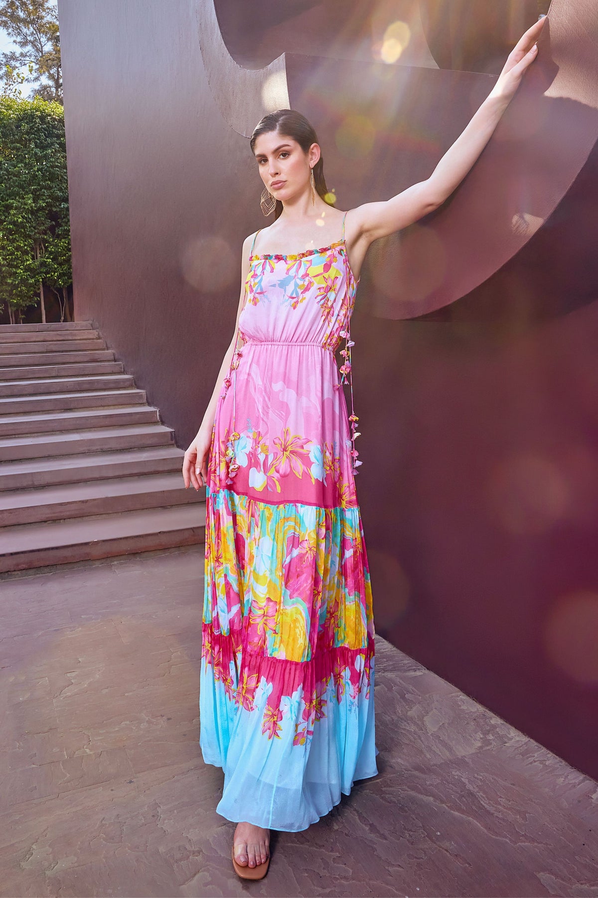 Pink Placement Tiered Maxi Dress