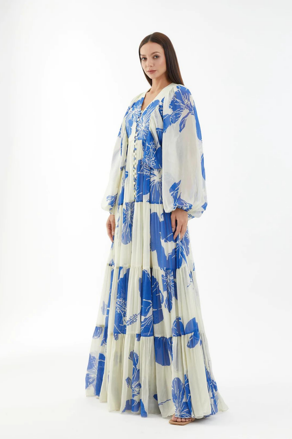 White And Blue Floral Balloon Sleeve Dress