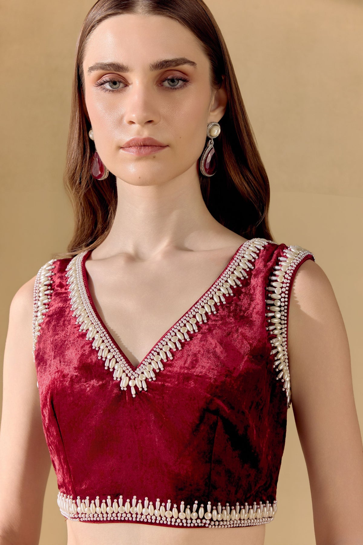Ruby Contrast Pearl Embellished Top