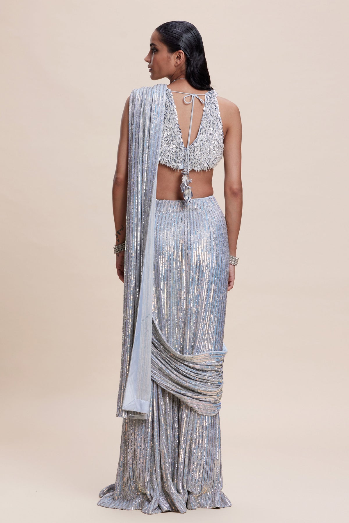 Blue Sequin Drapesd Saree Set