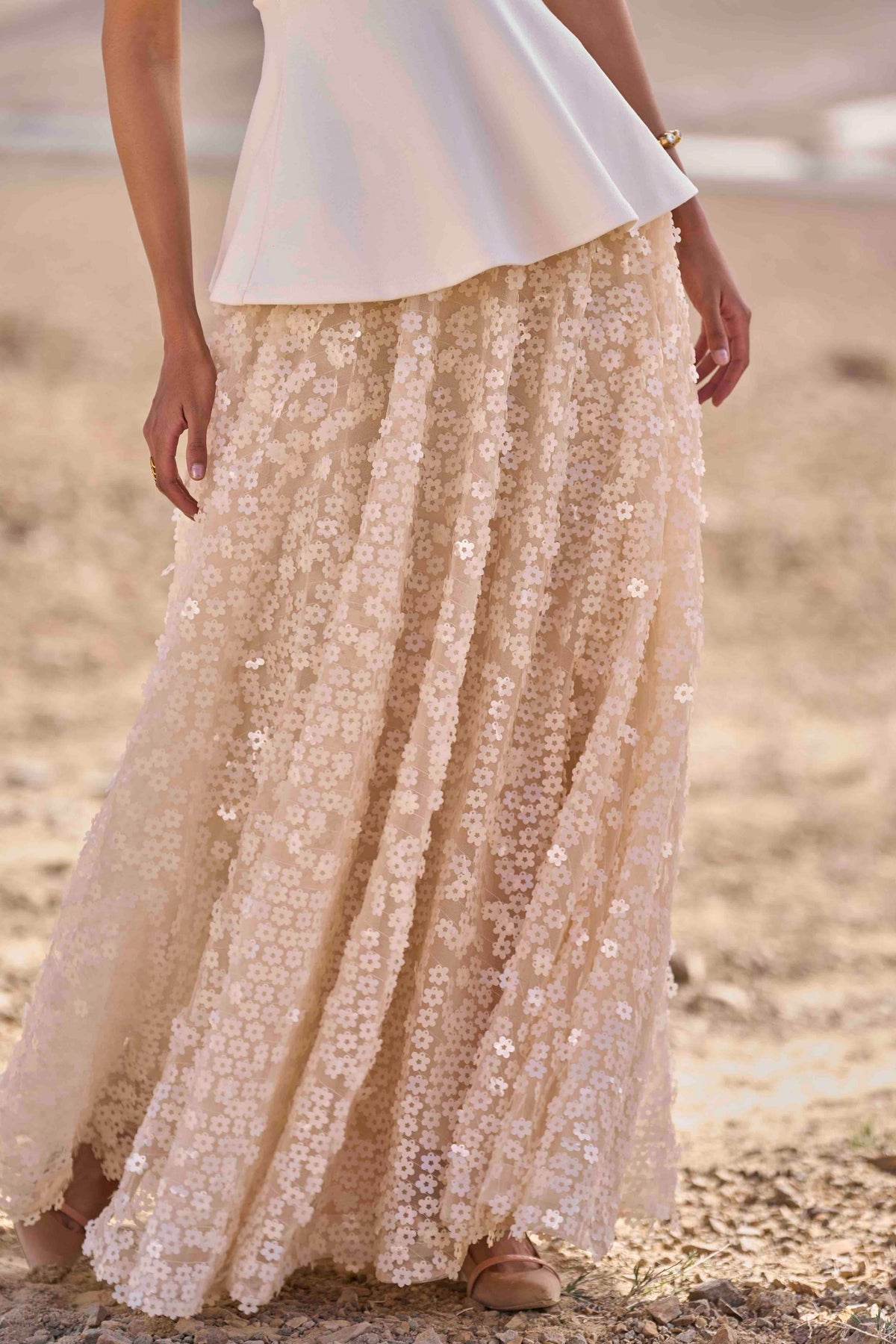 Ivory Peplum Top &amp; 3d Floral Sequin Skirt