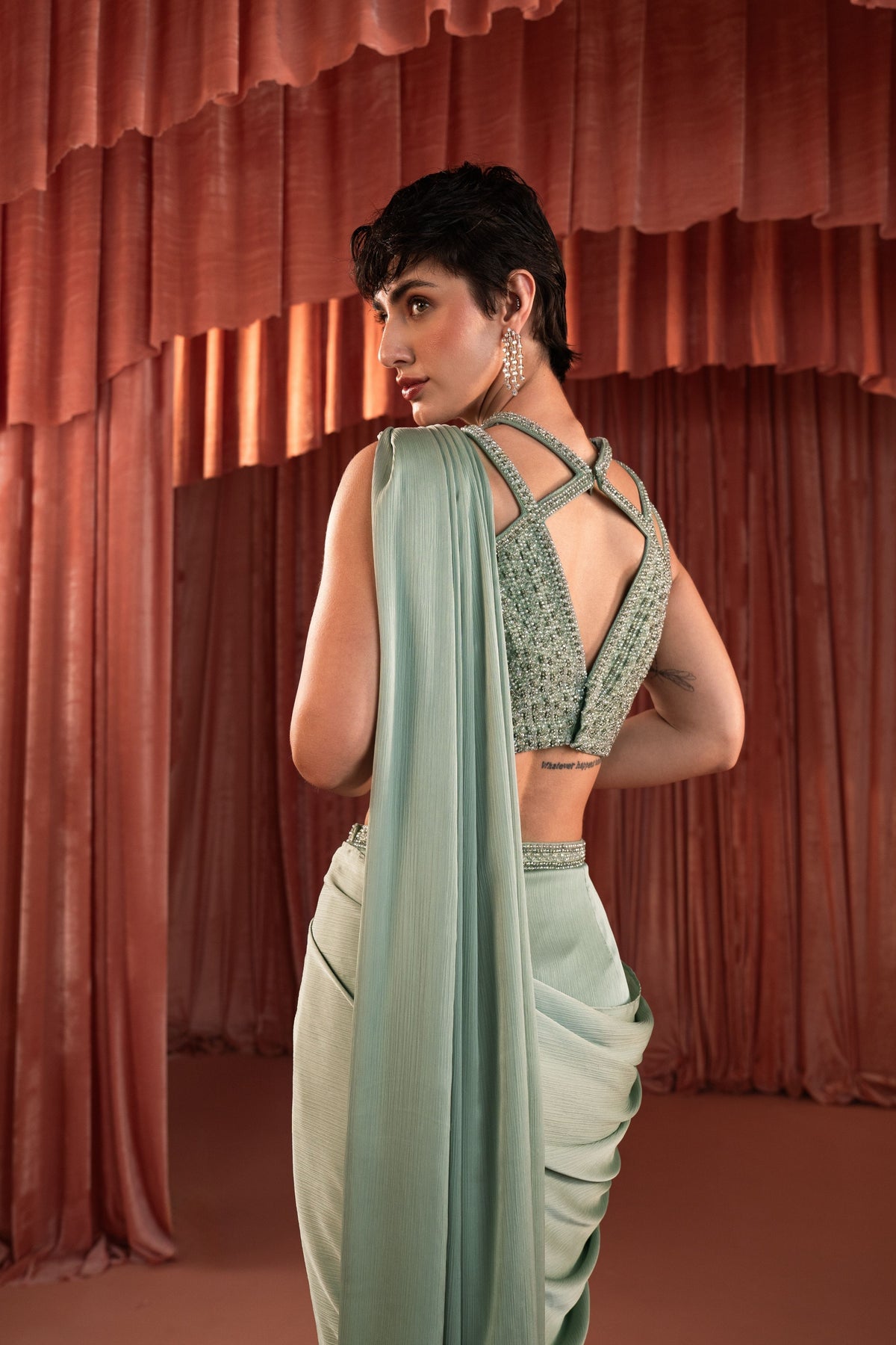 Sage Green Draped Saree Set