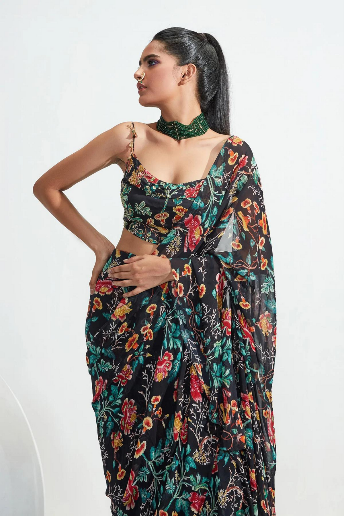 Habiba Black Ruffle Embroidered Saree