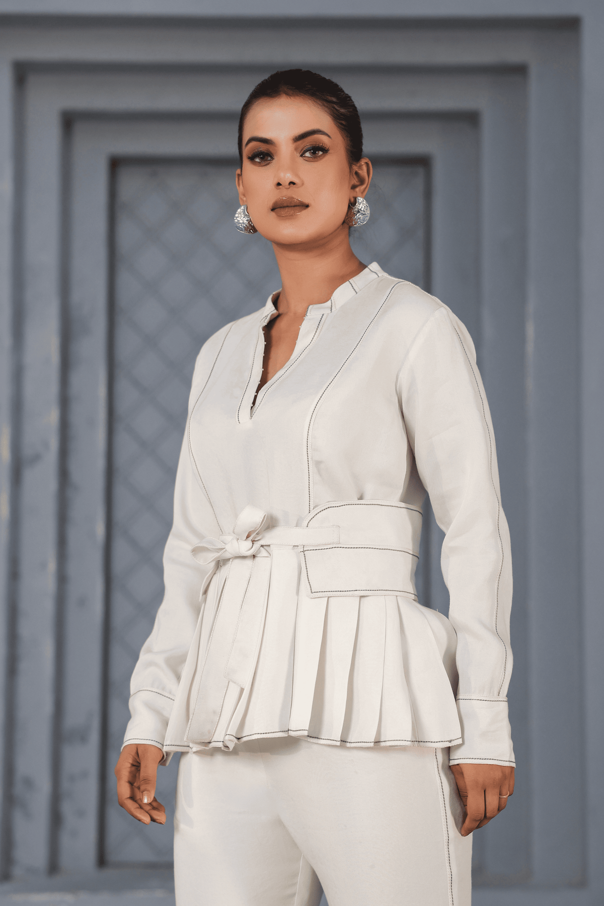 Azure Pleated Peplum Co-ord Set in White