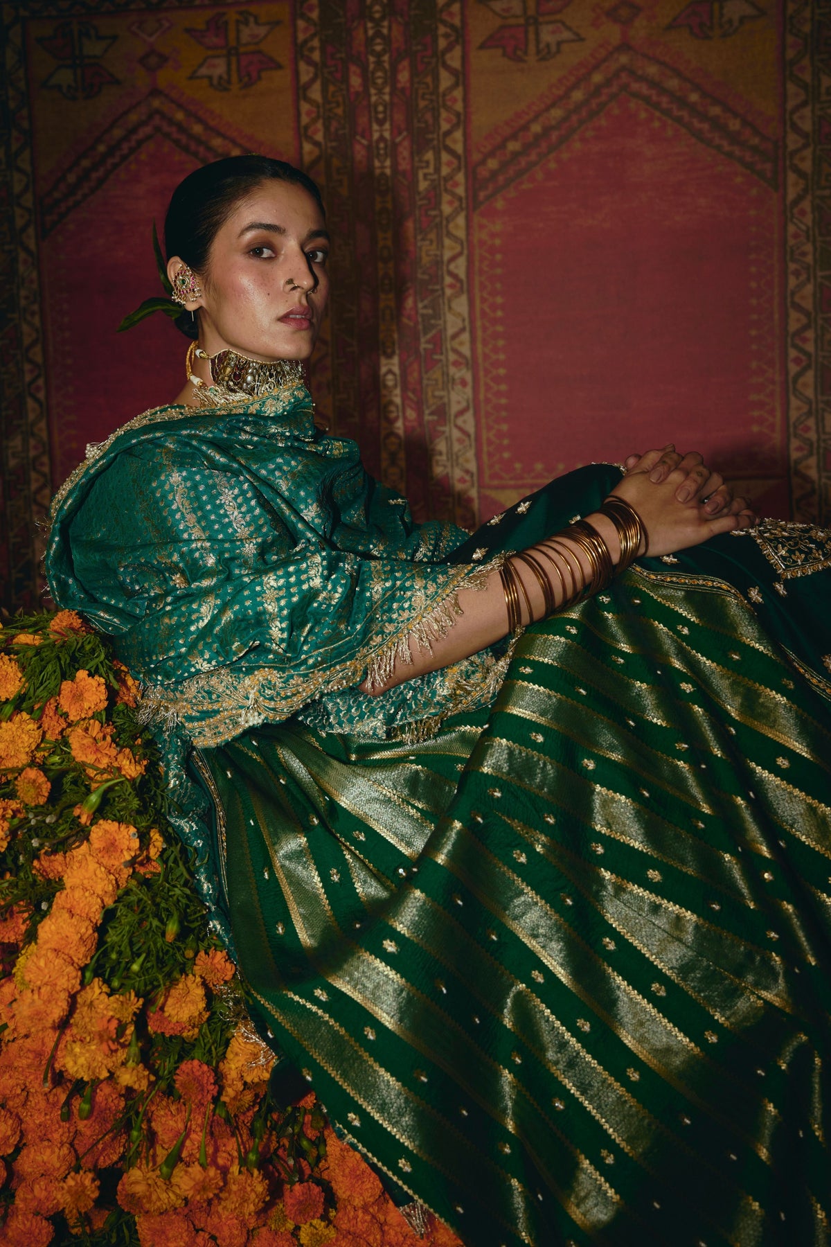 Green Silk Banarsi Lehenga Set