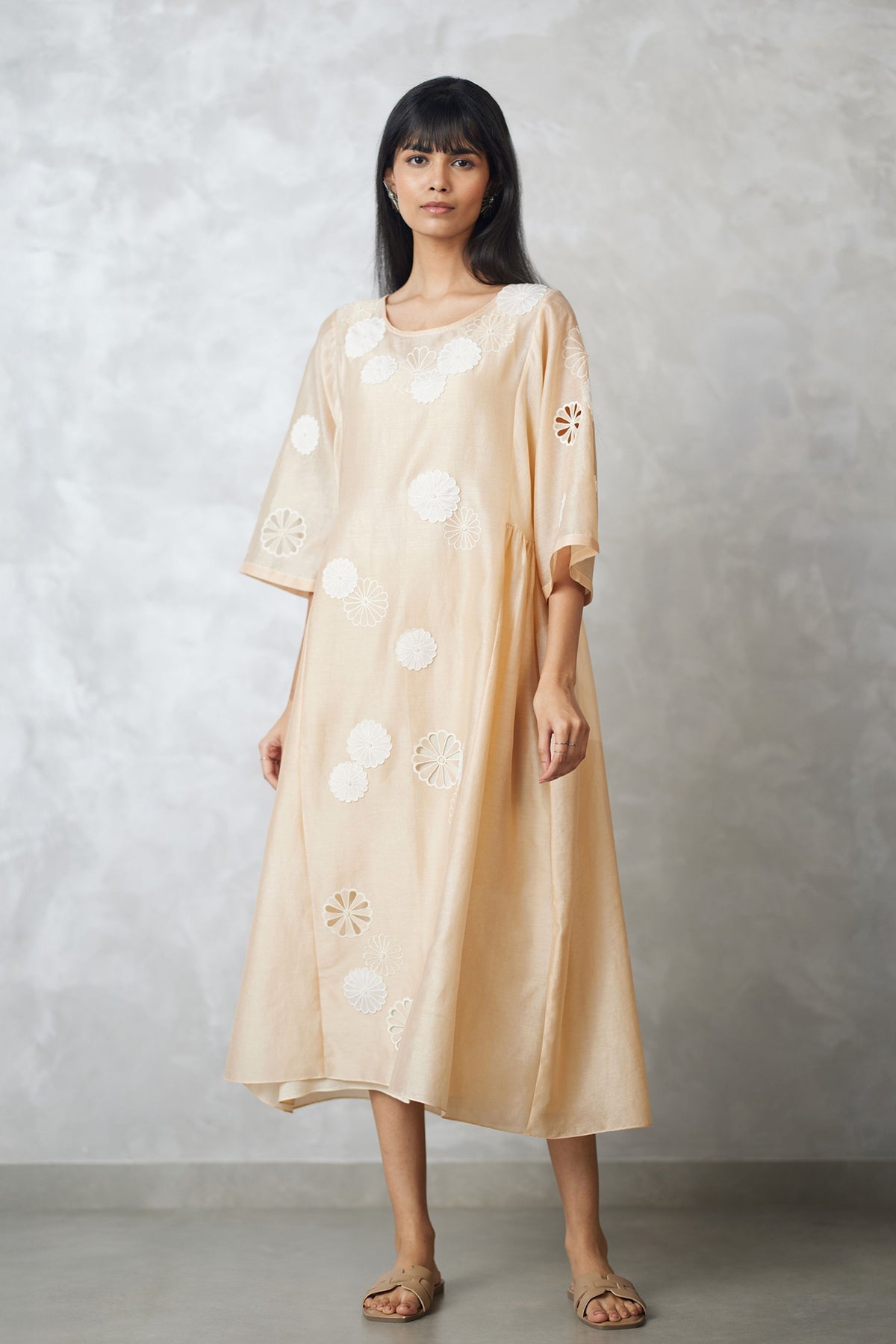 Side Gathered Beige Dress