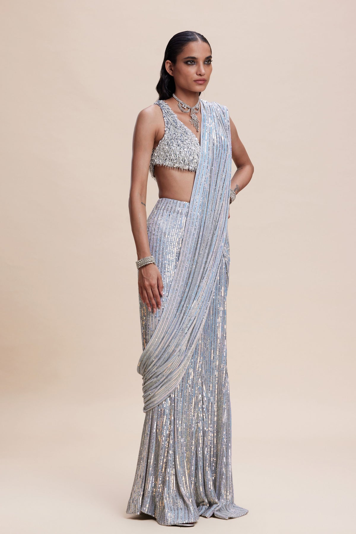 Blue Sequin Drapesd Saree Set