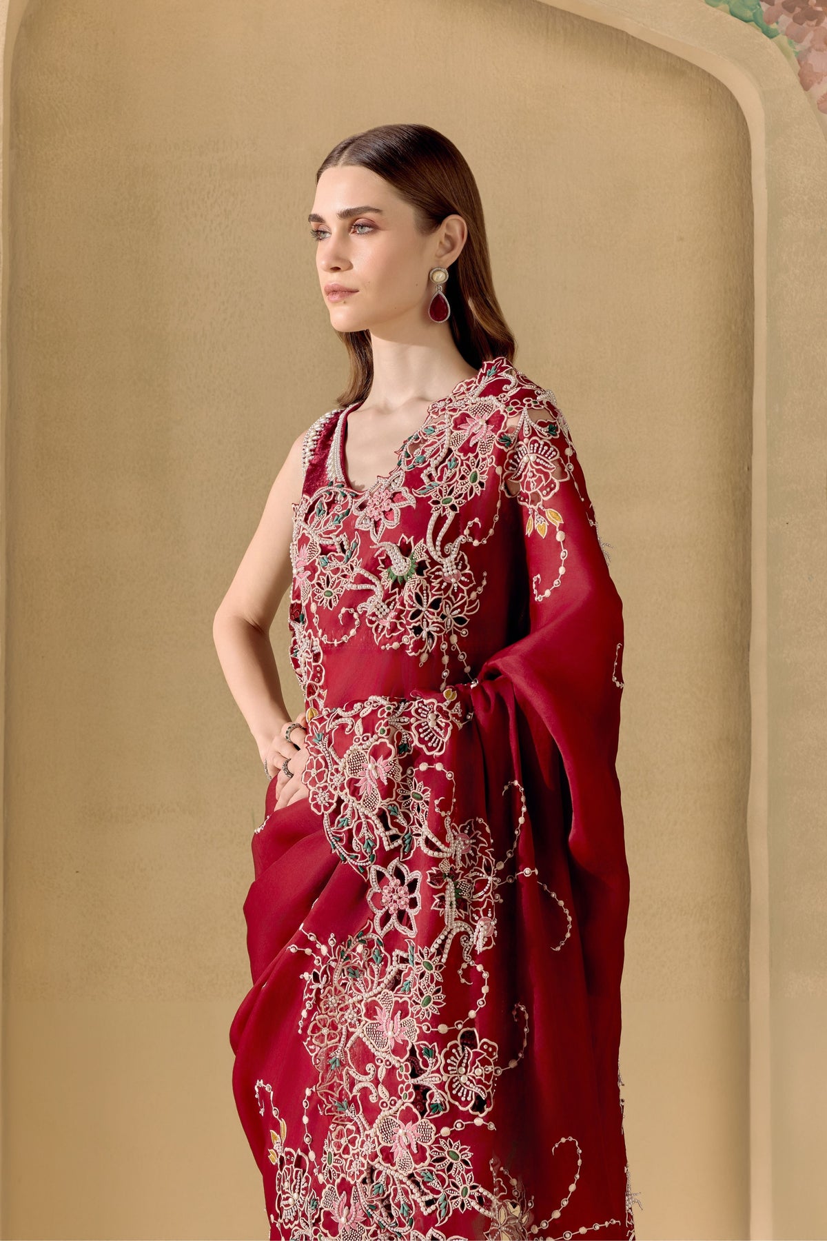 Ruby Contrast Cutwork Saree