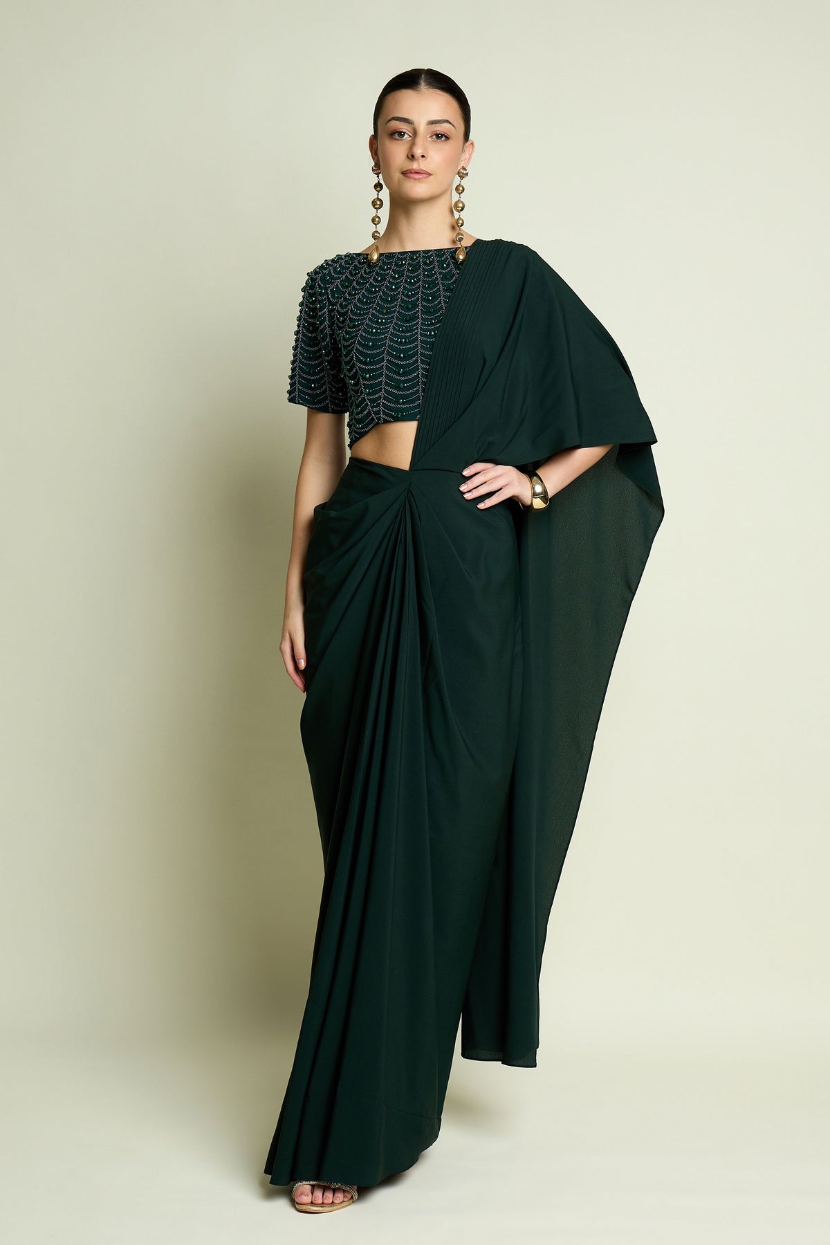 Emerald Crystal Draped Saree Set