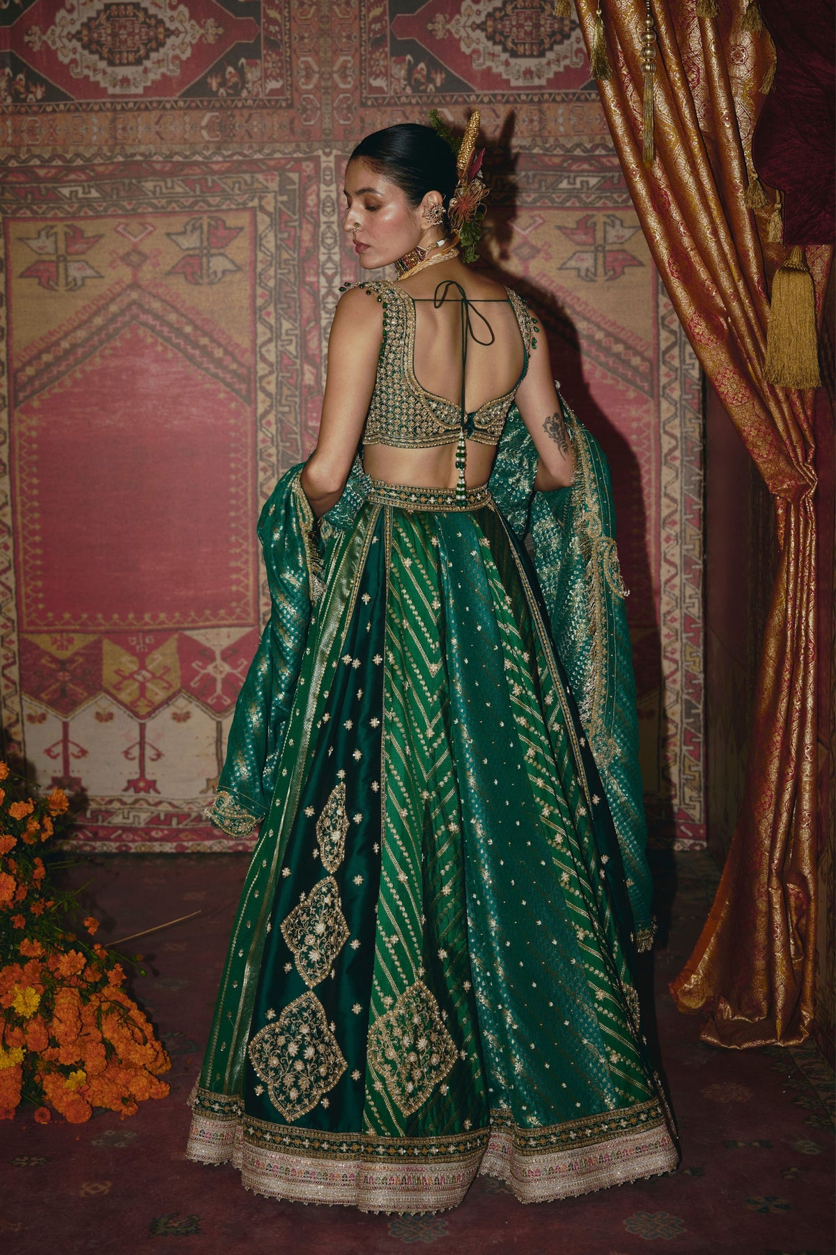 Green Silk Banarsi Lehenga Set