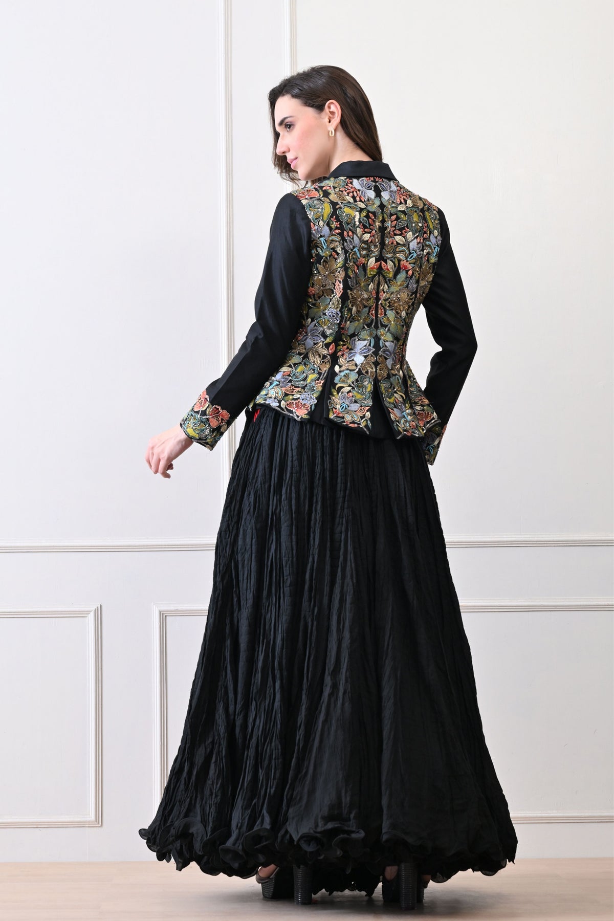 Black Silk Embroidered Jacket Set