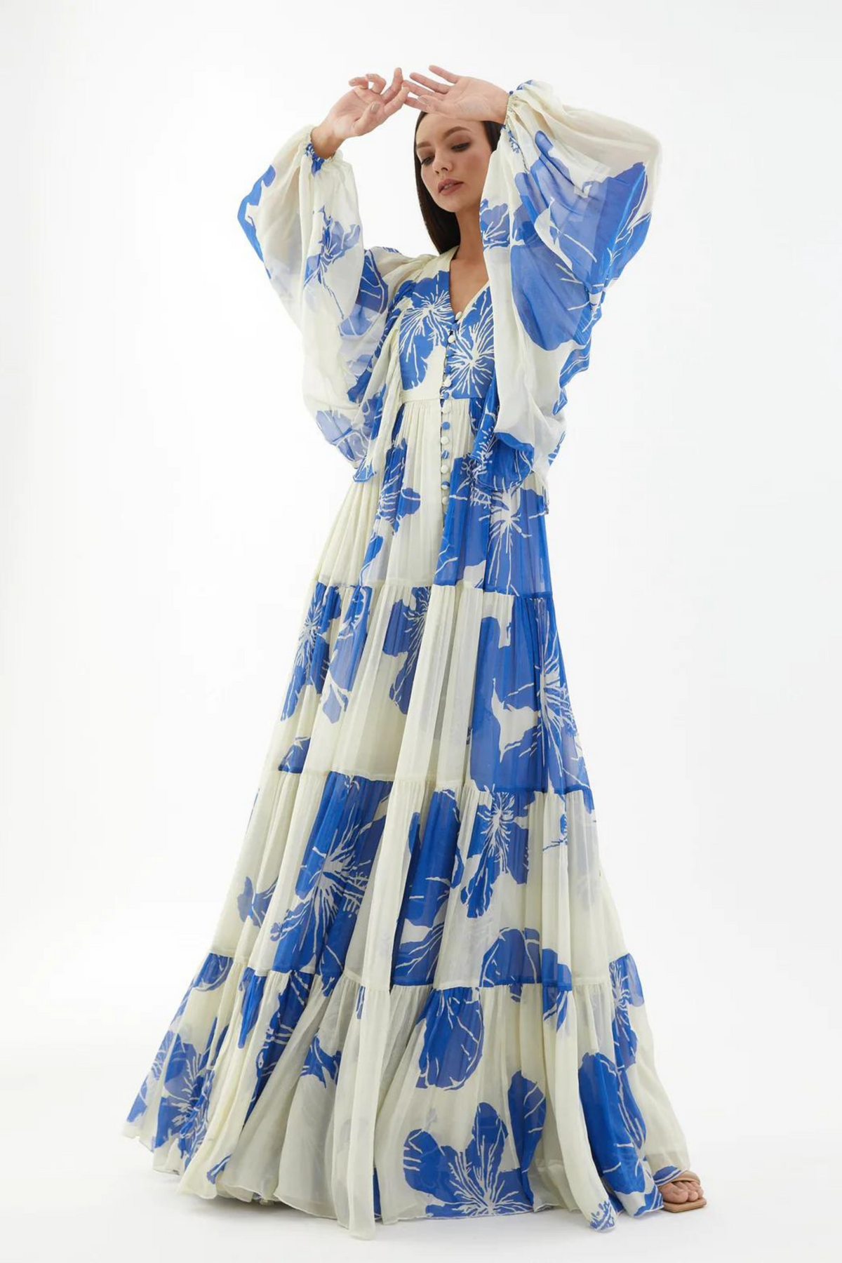 White And Blue Floral Balloon Sleeve Dress