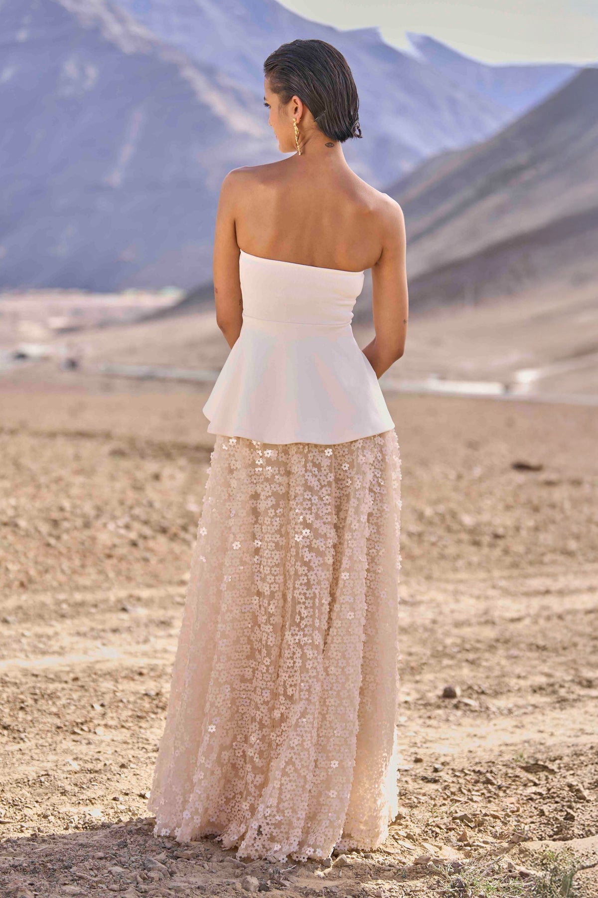 Ivory Peplum Top &amp; 3d Floral Sequin Skirt