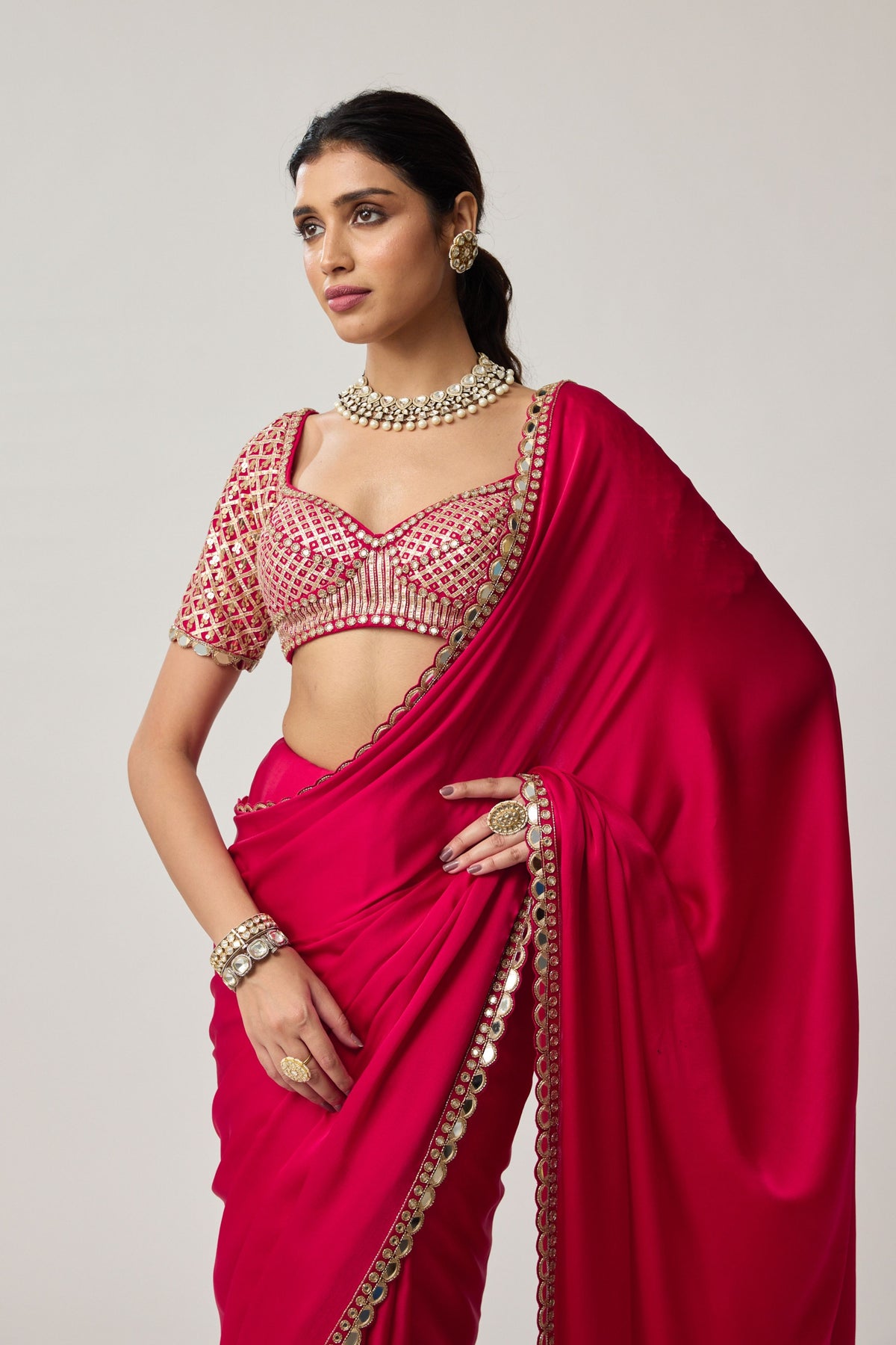 Crimson Red Satin Saree Set