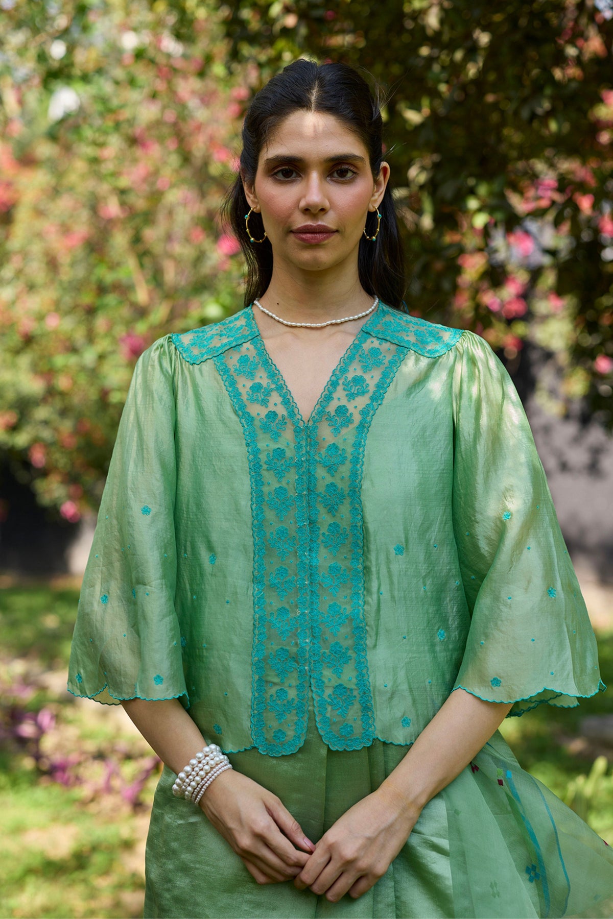 River Fork Green Embroidered Blouse