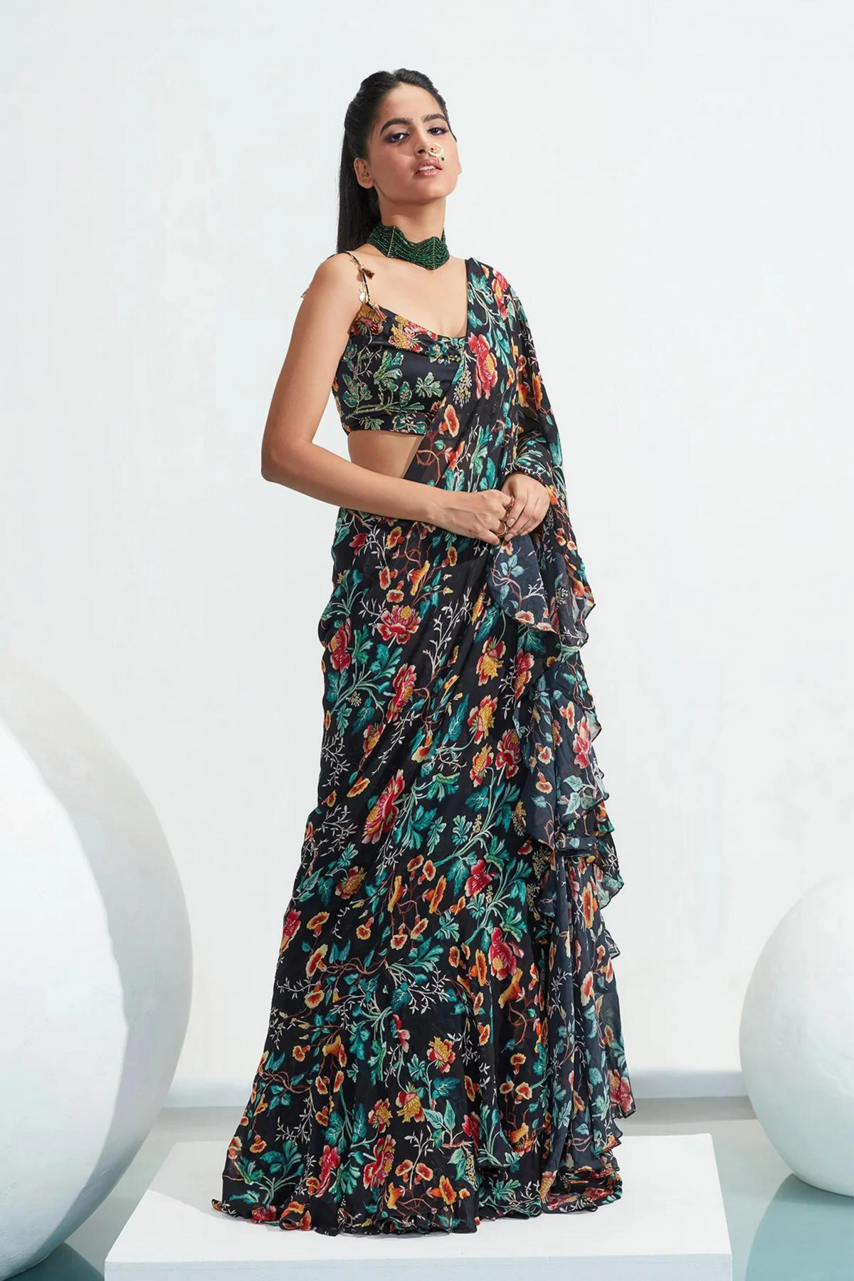 Habiba Black Ruffle Embroidered Saree