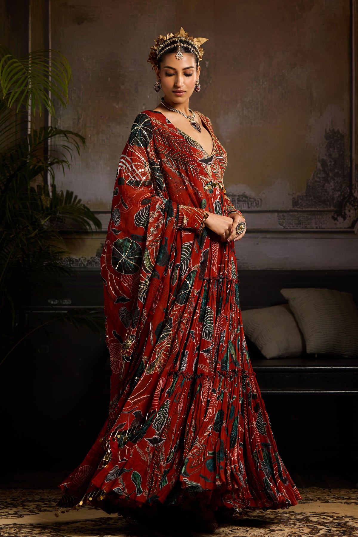Rust Printed Anarkali Set