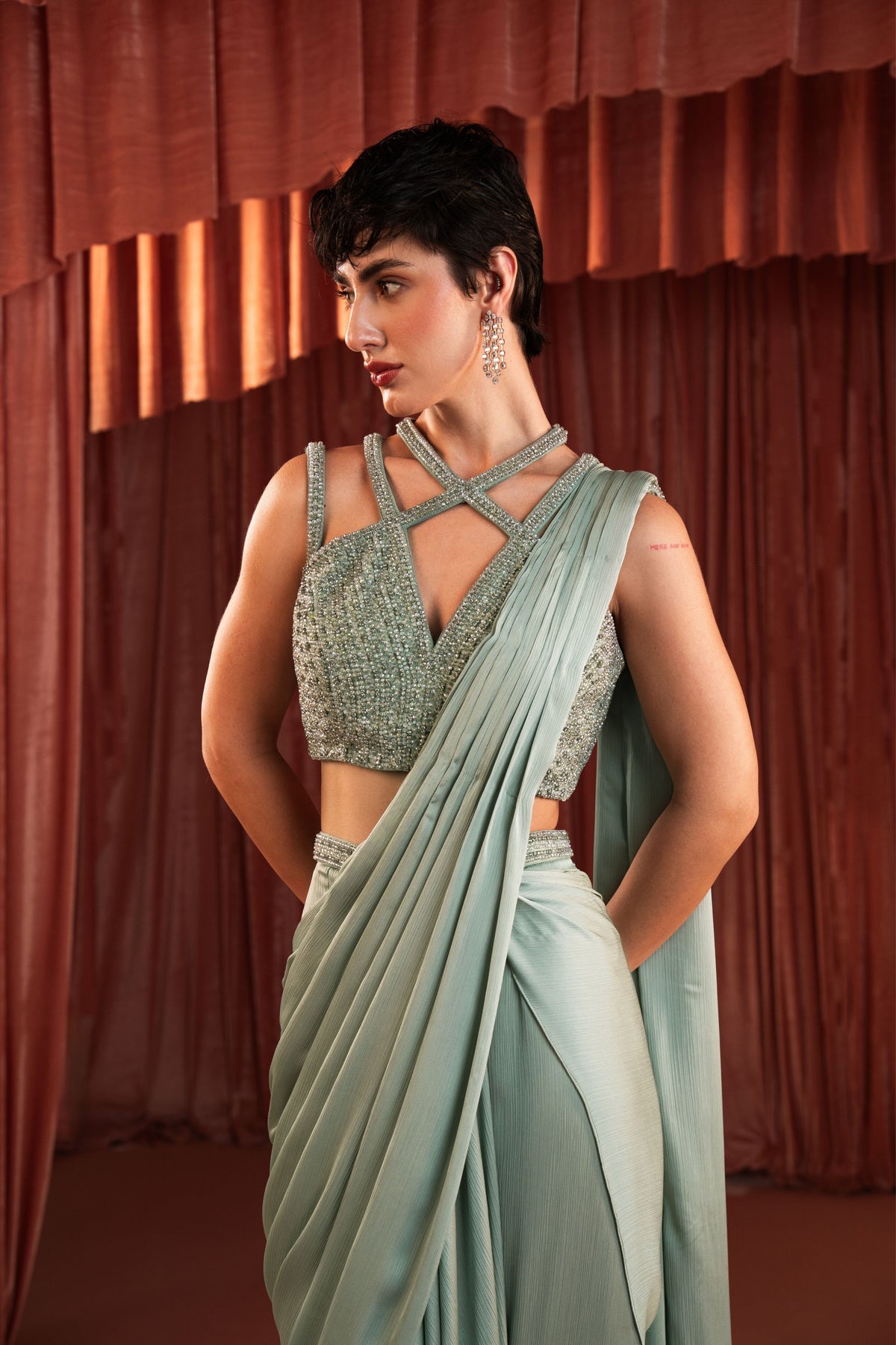 Sage Green Draped Saree Set