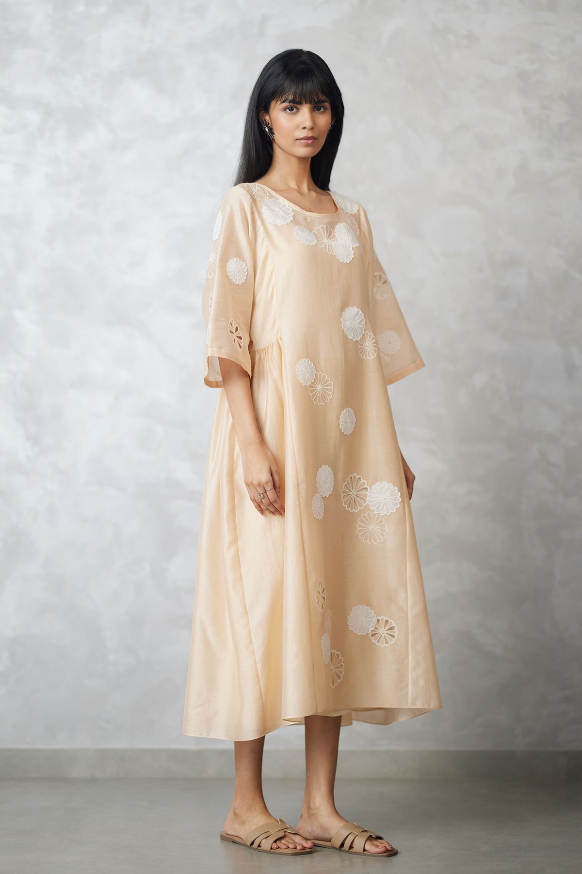 Side Gathered Beige Dress