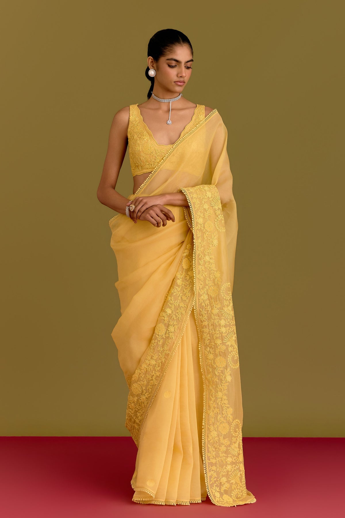 Yellow Embroidered Saree Set