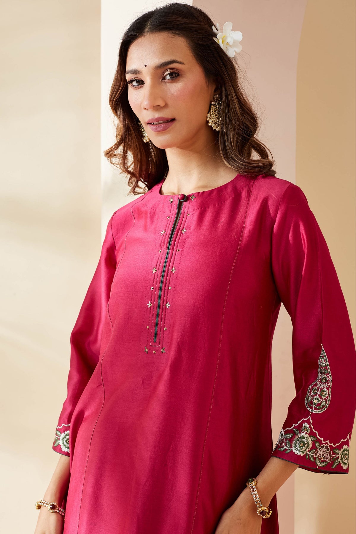 Magenta Floral Chanderi Kurta Set