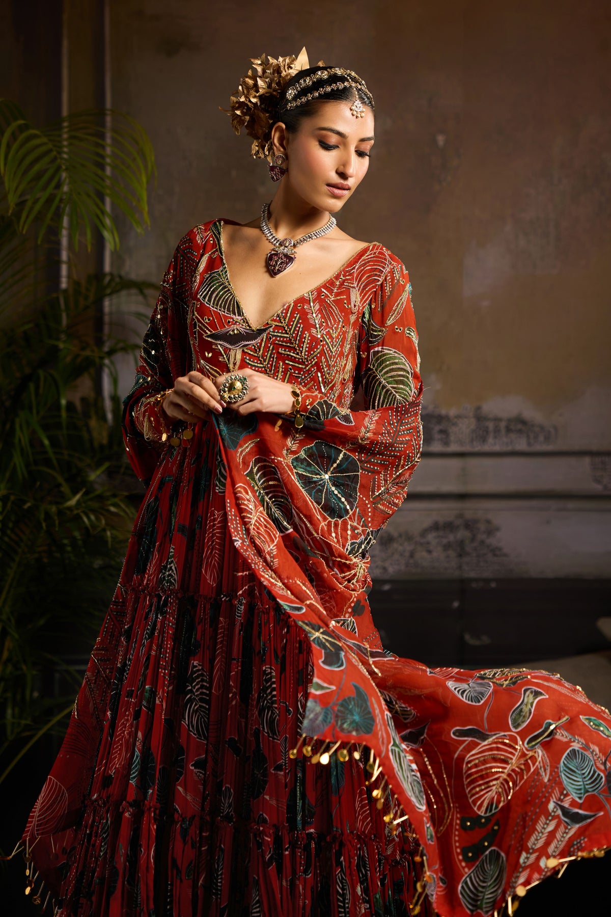 Rust Printed Anarkali Set