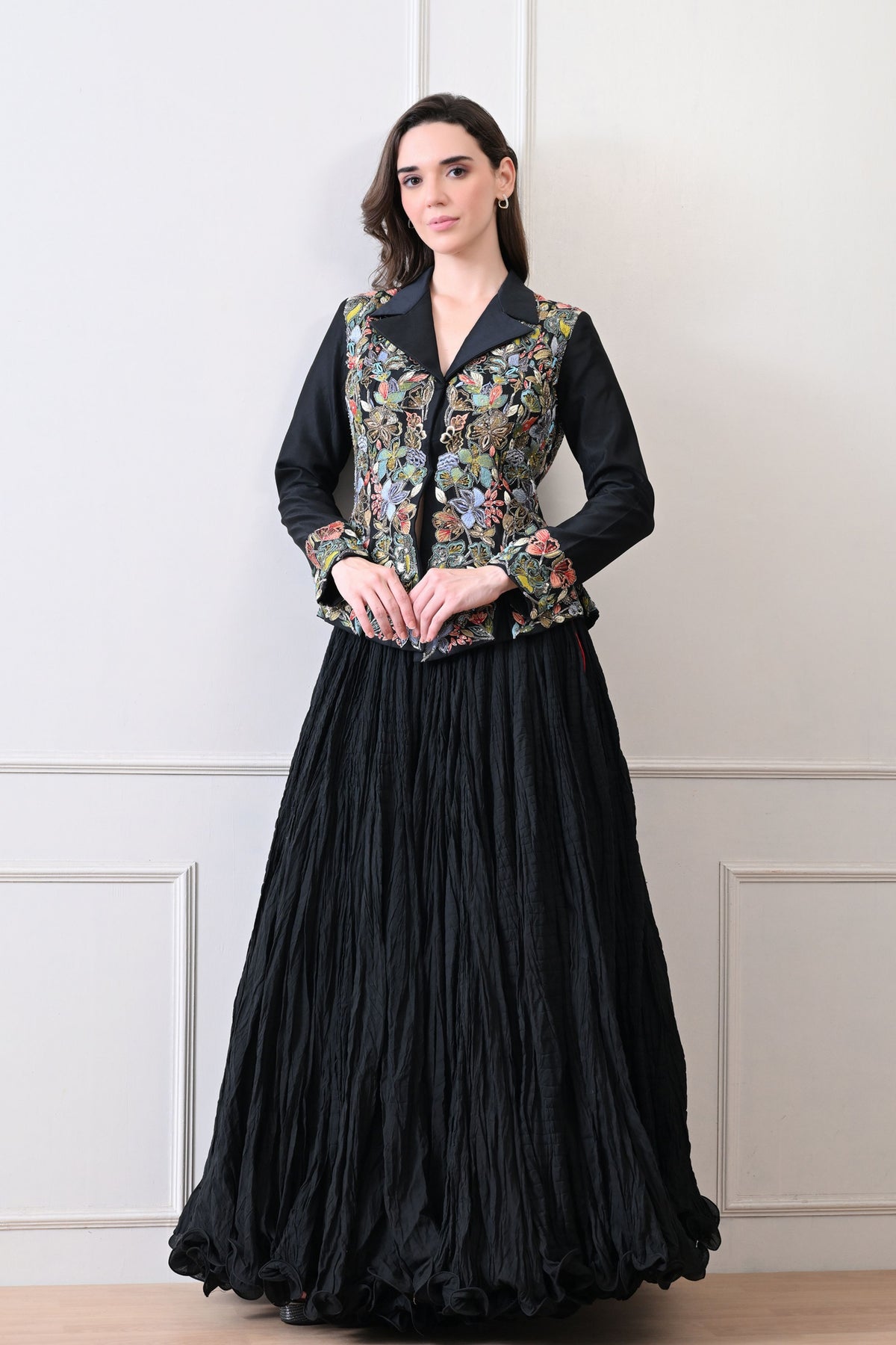 Black Silk Embroidered Jacket Set