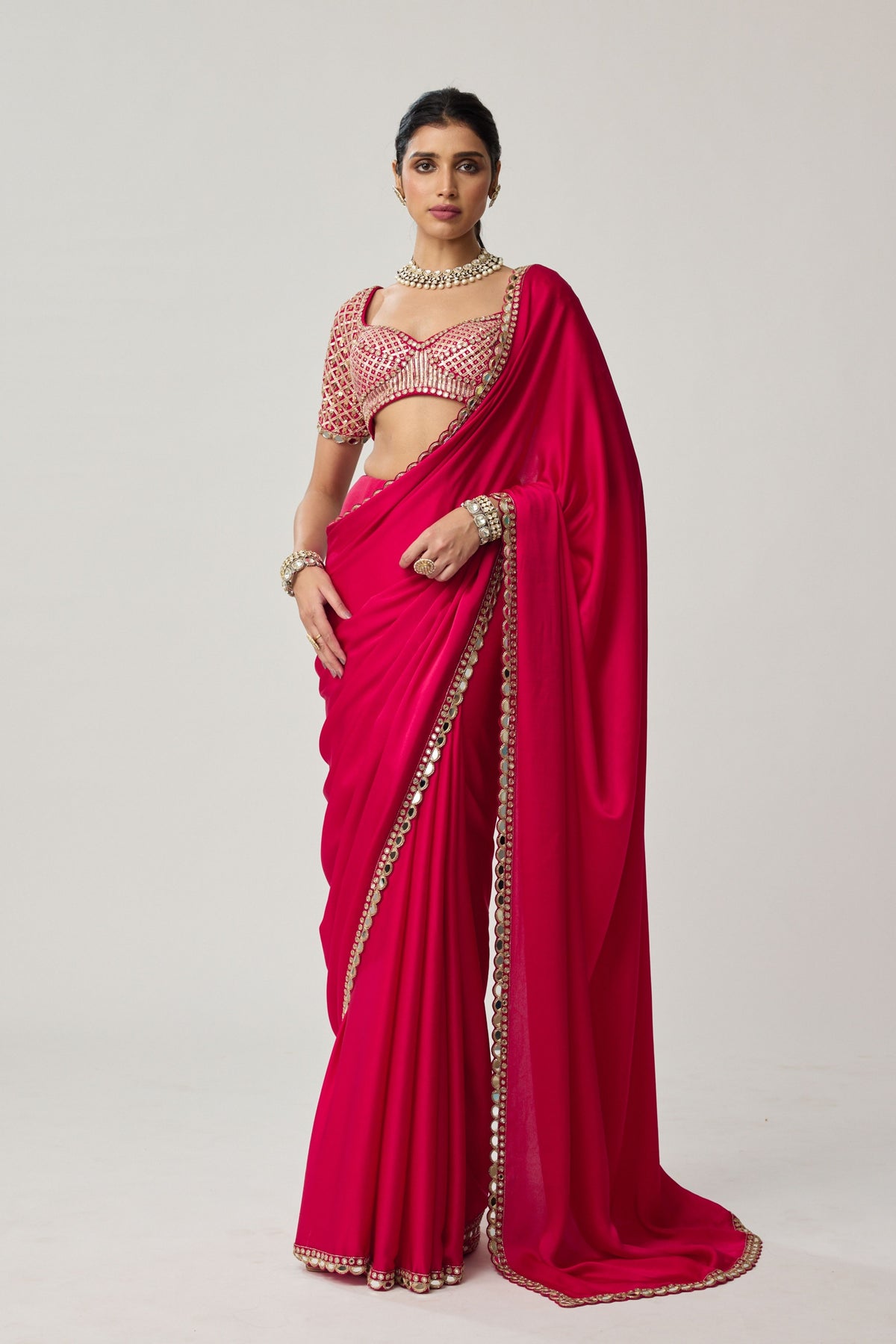 Crimson Red Satin Saree Set
