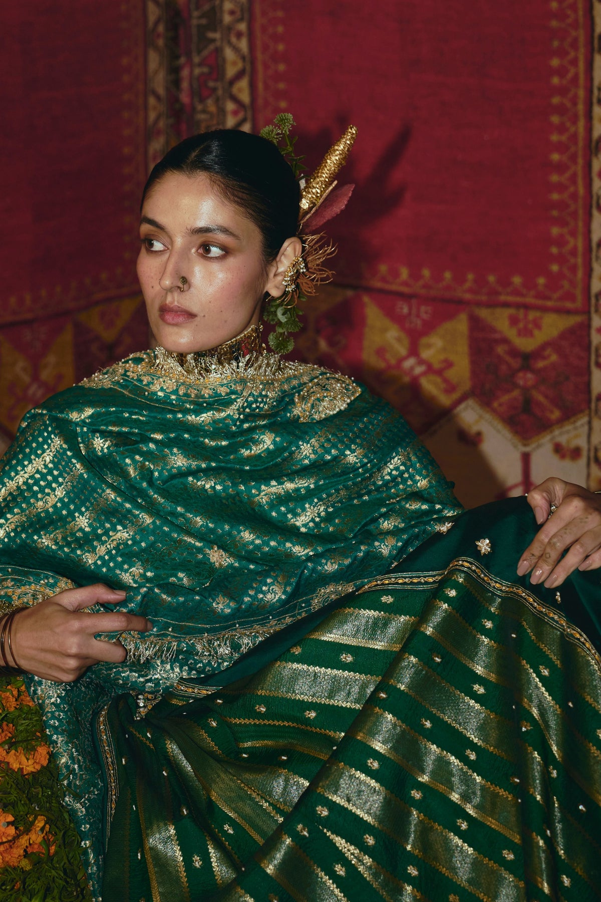 Green Silk Banarsi Lehenga Set