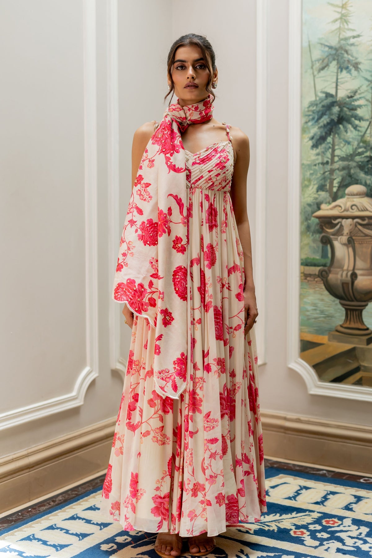 Elegant Pink Floral Print Dress