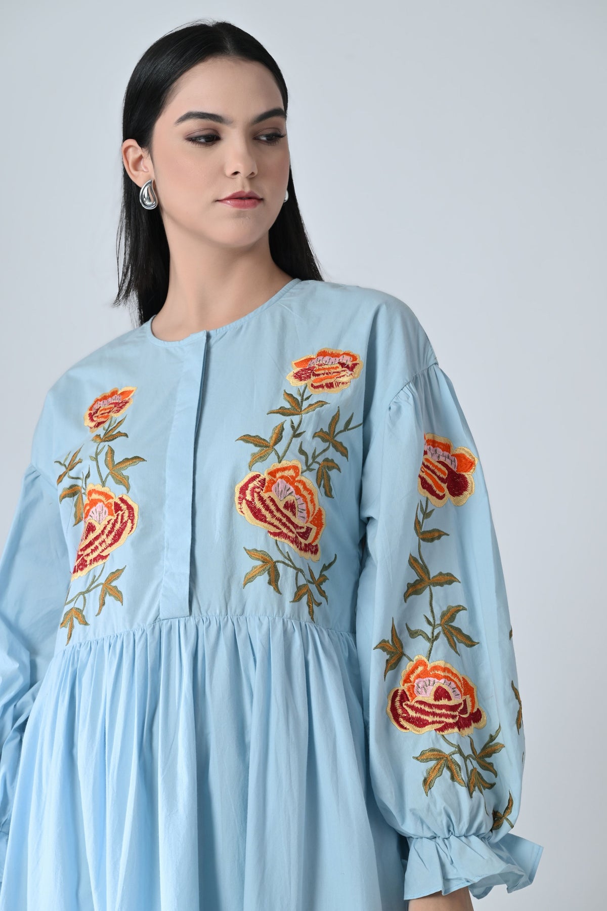 Powder Blue Embroidered Tiered Dress