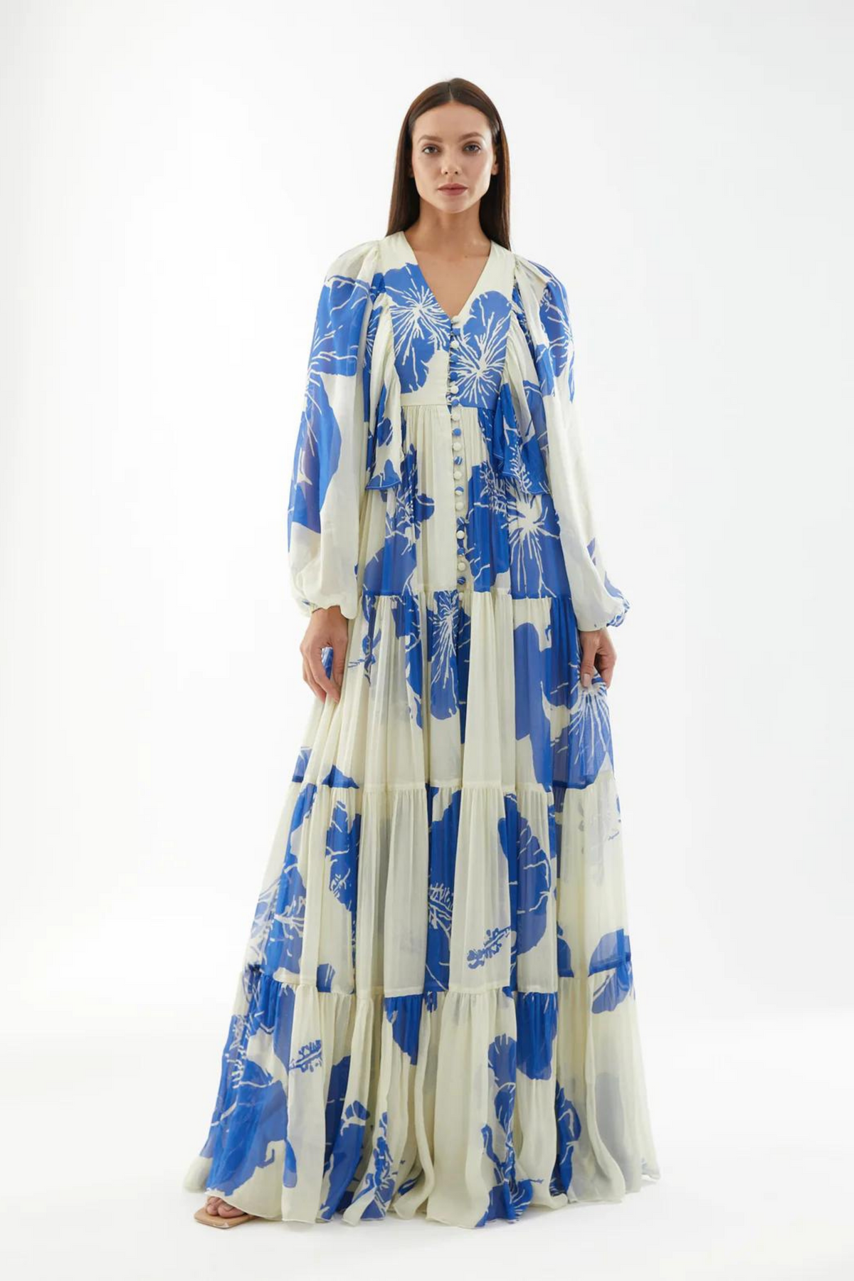 White And Blue Floral Balloon Sleeve Dress