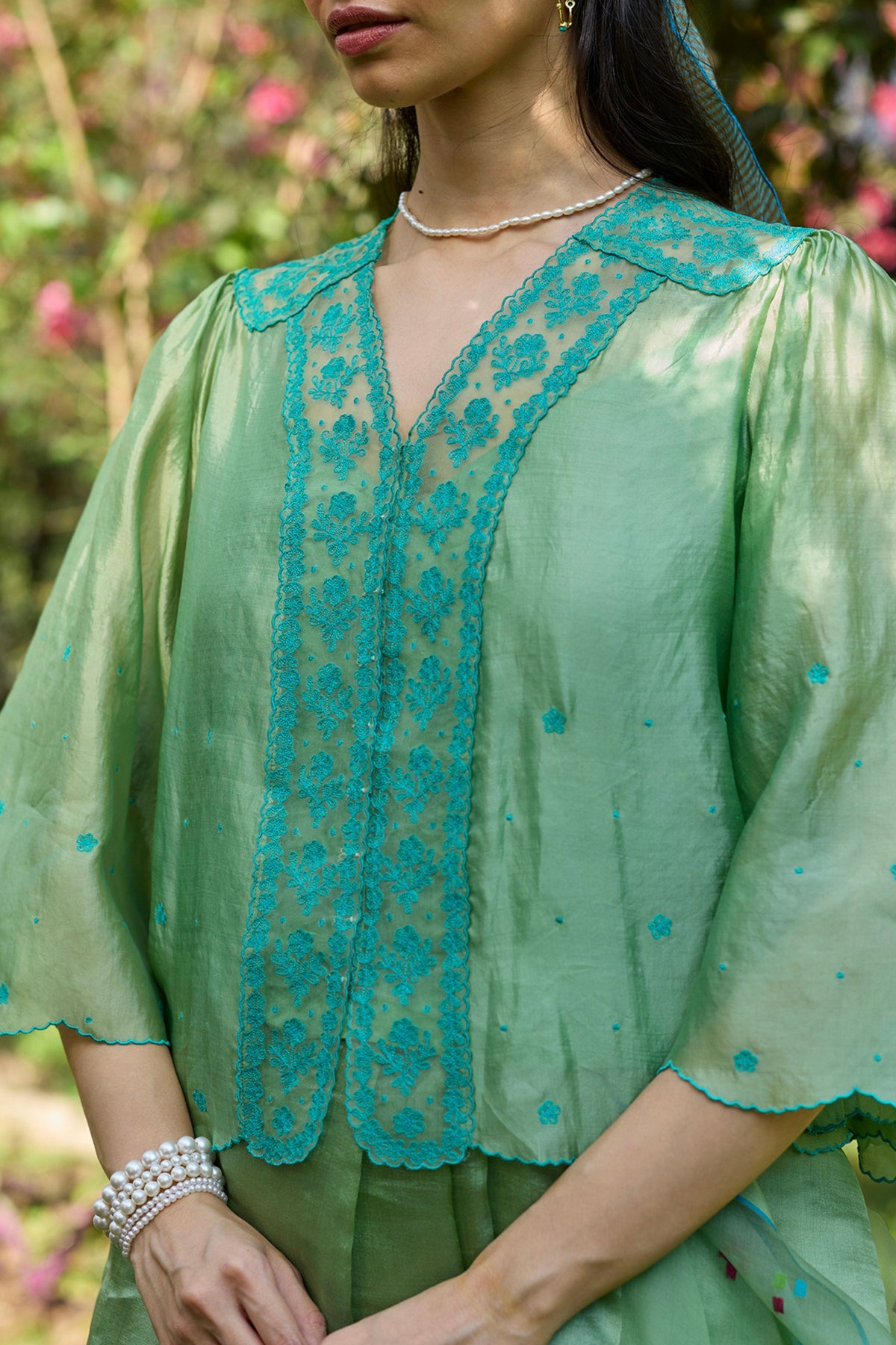 River Fork Green Embroidered Blouse