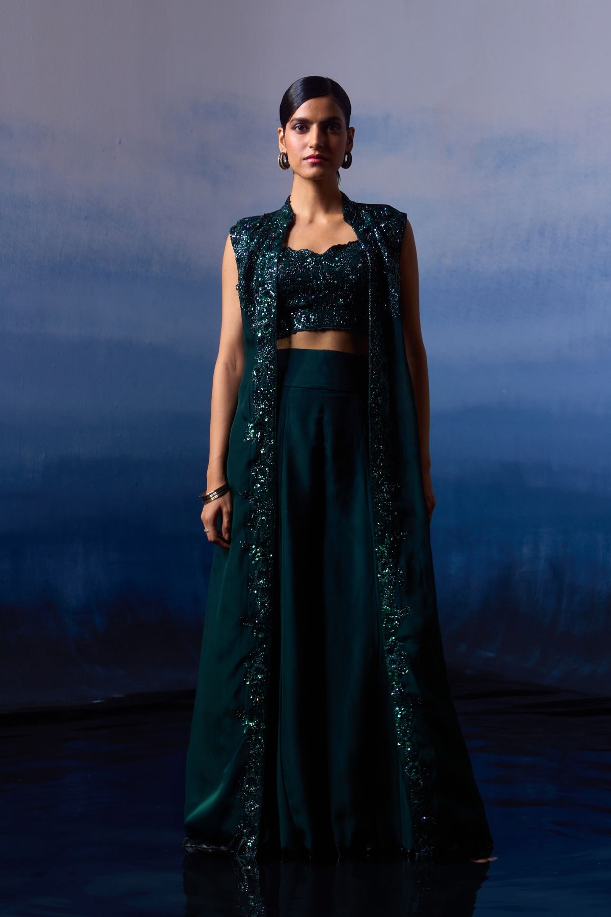 Forest Green Organza Jacket Set