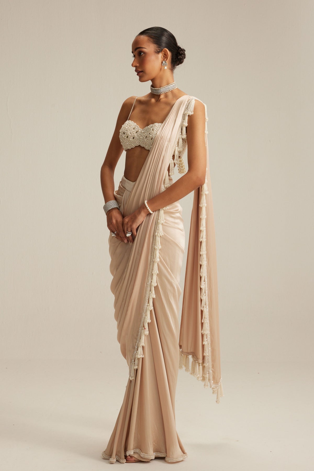 Pearl Satin Draped Saree Set