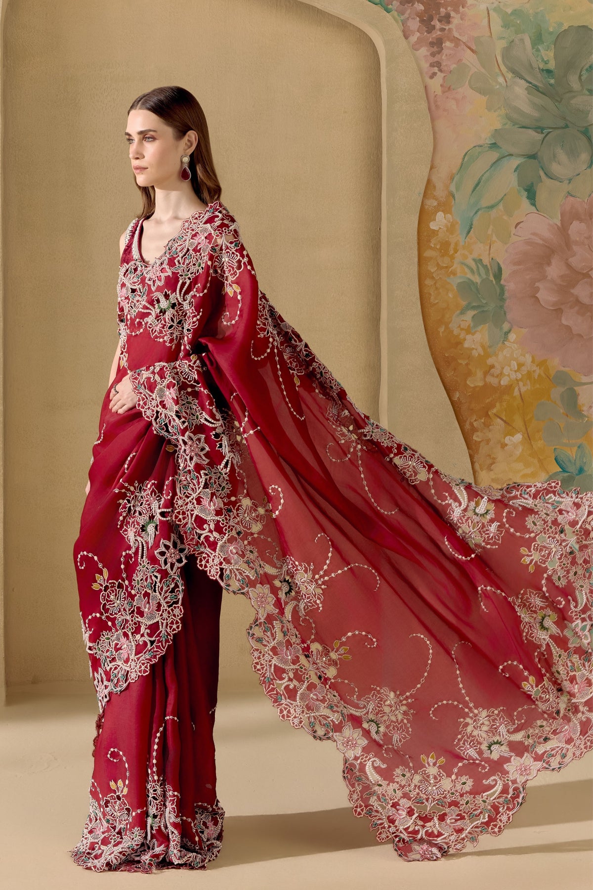 Ruby Contrast Cutwork Saree