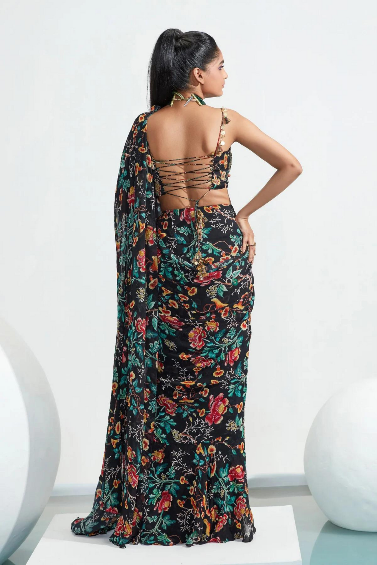 Habiba Black Ruffle Embroidered Saree