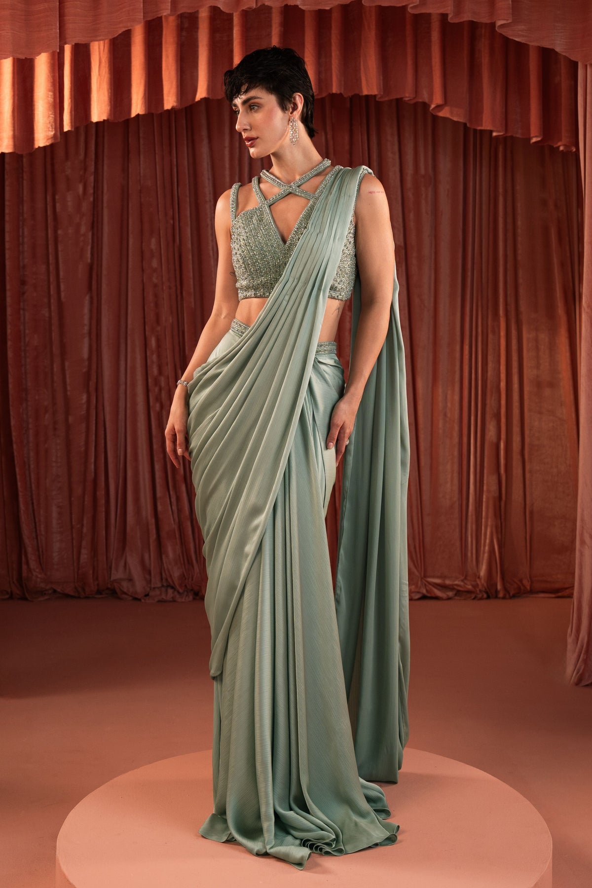 Sage Green Draped Saree Set