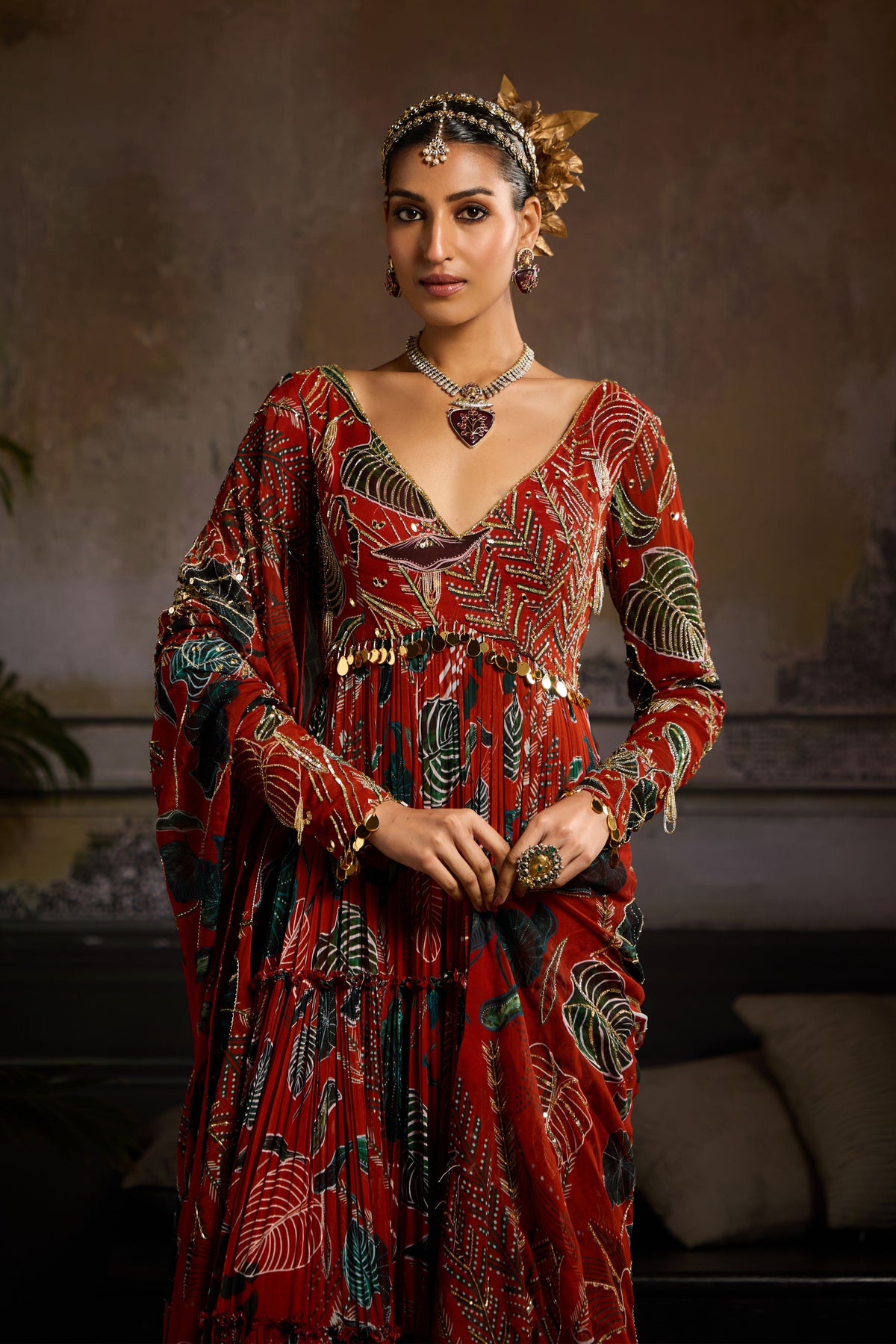 Rust Printed Anarkali Set