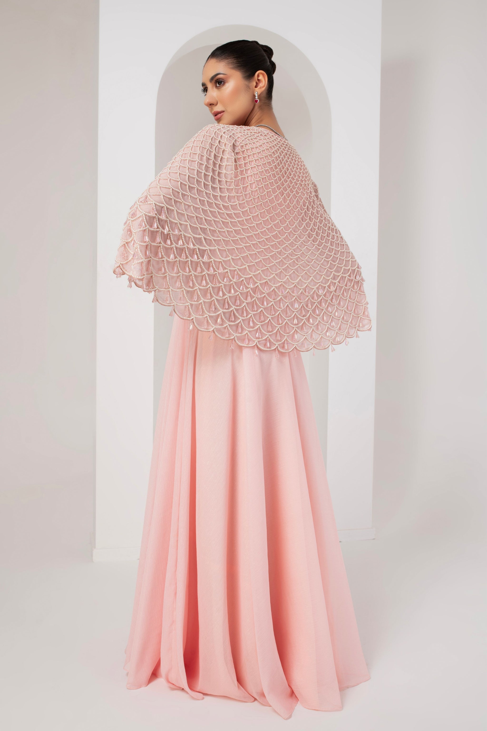 pink dress cape Elegant Long Chiffon Hot Pink Evening Dresses With Cape A-Line One Sho PreppyDress