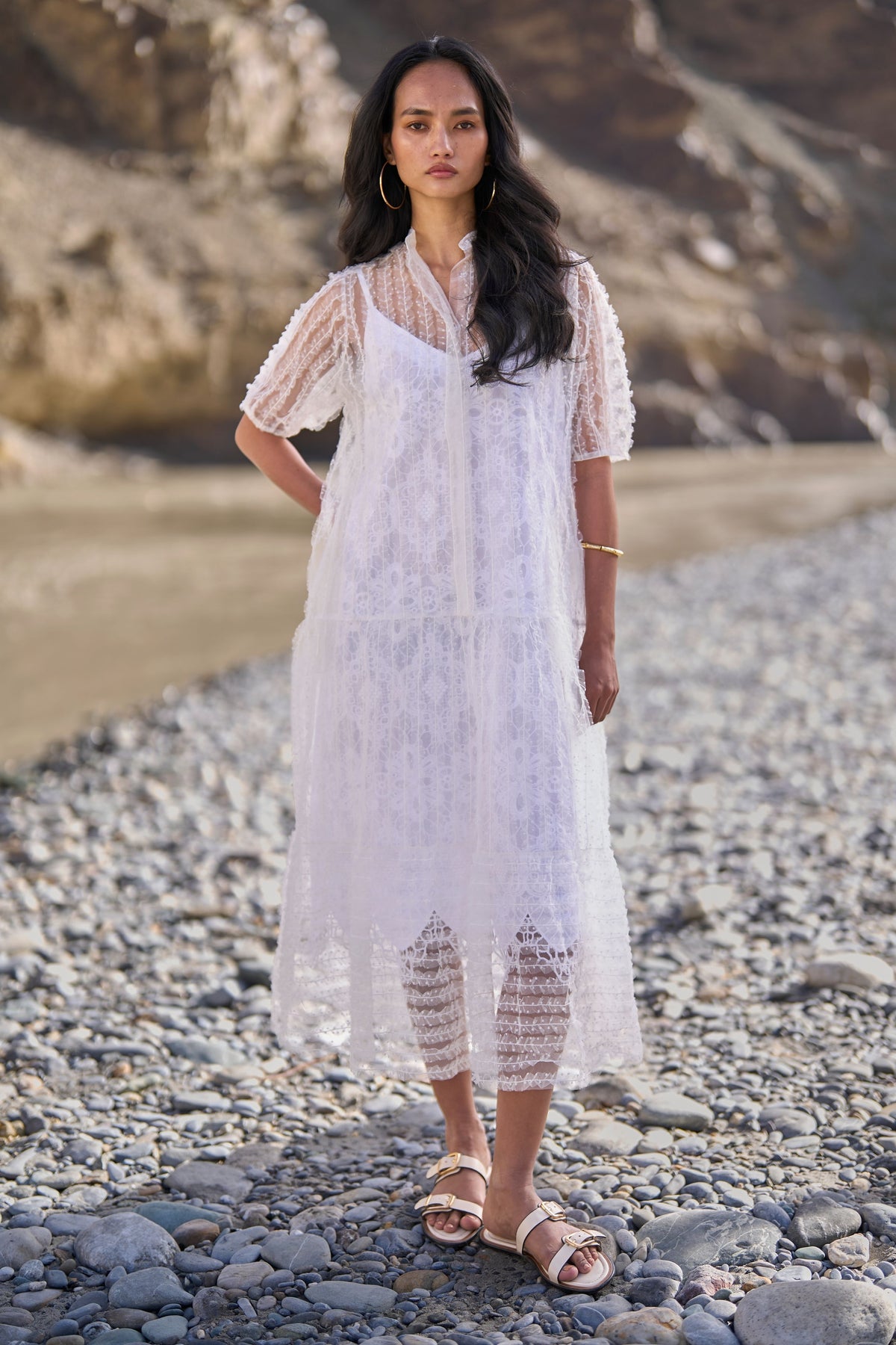 Tiered Embroidered Mesh Dress