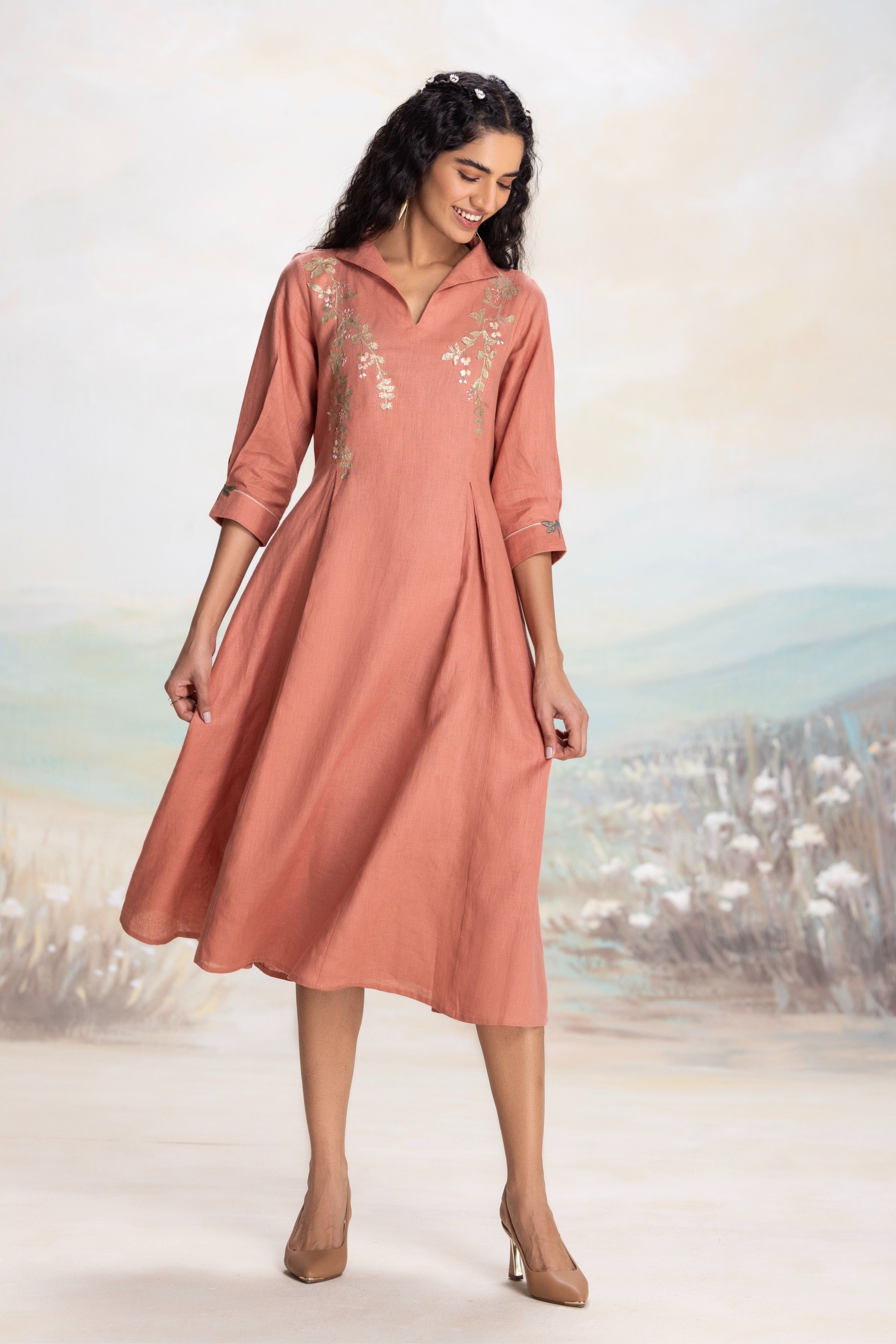 By Kaveri - Golden Leaf Peach Dress