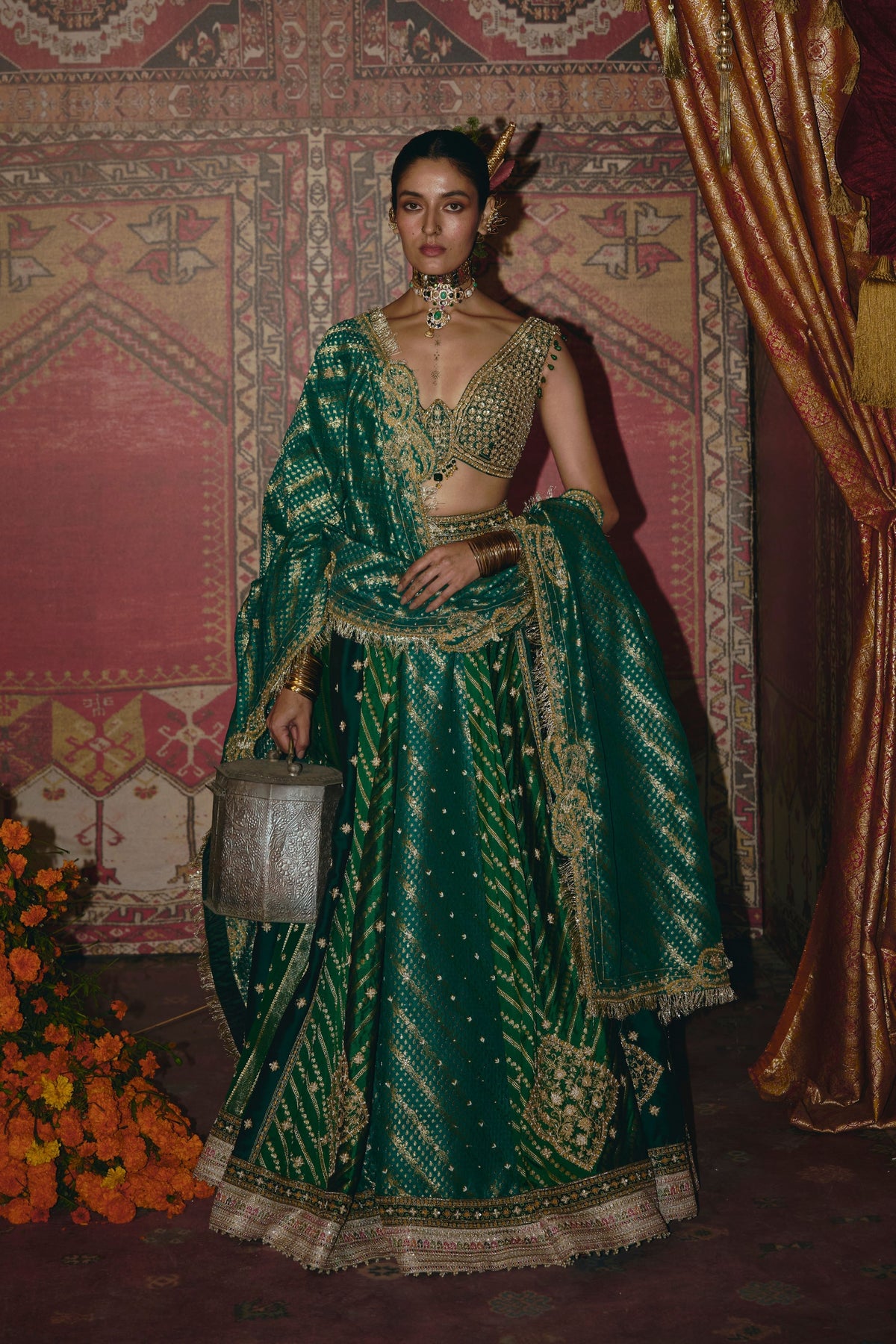 Green Silk Banarsi Lehenga Set