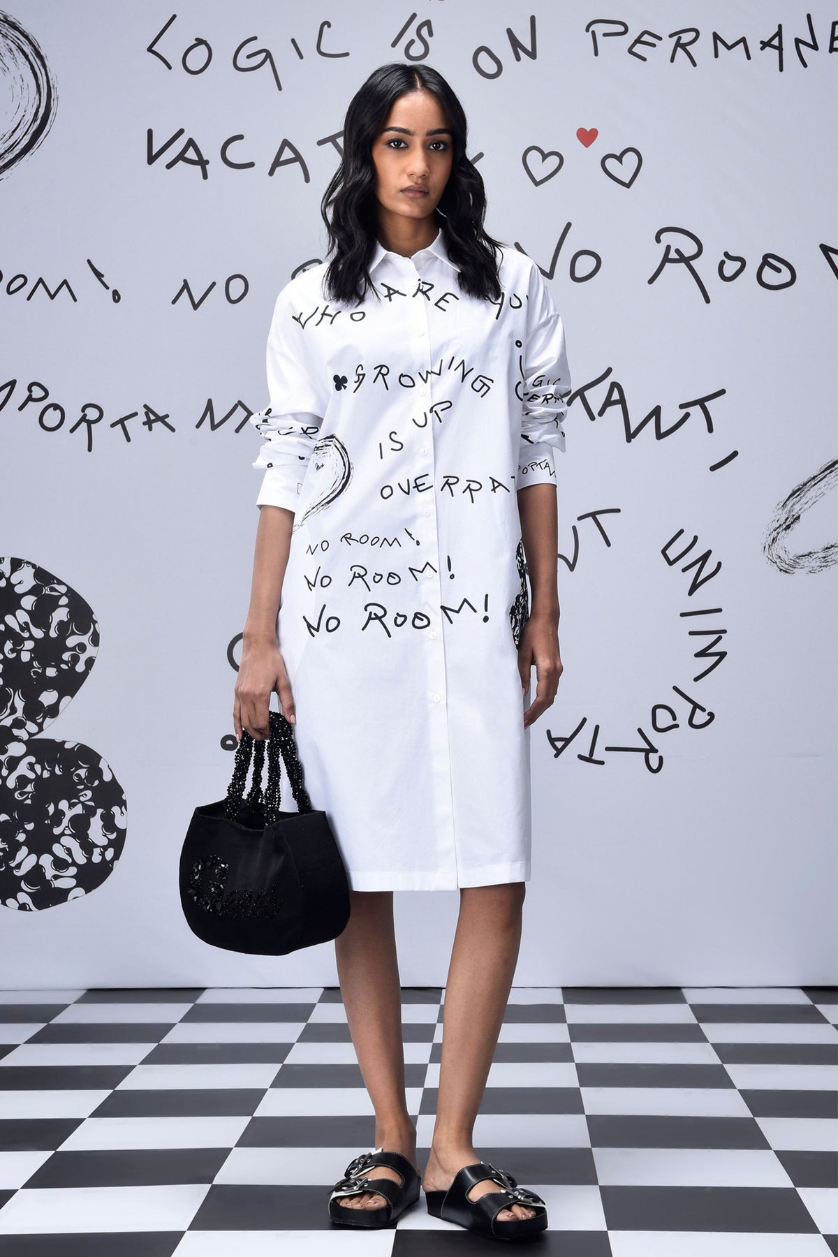 Scribble Text Shirt Dress White