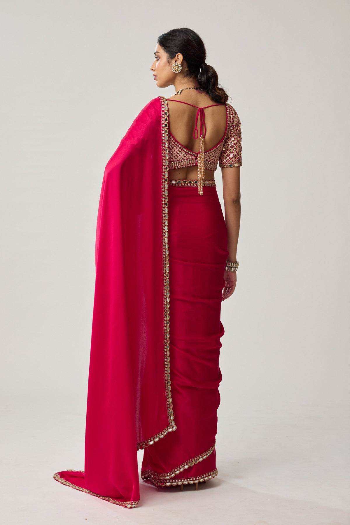 Crimson Red Satin Saree Set