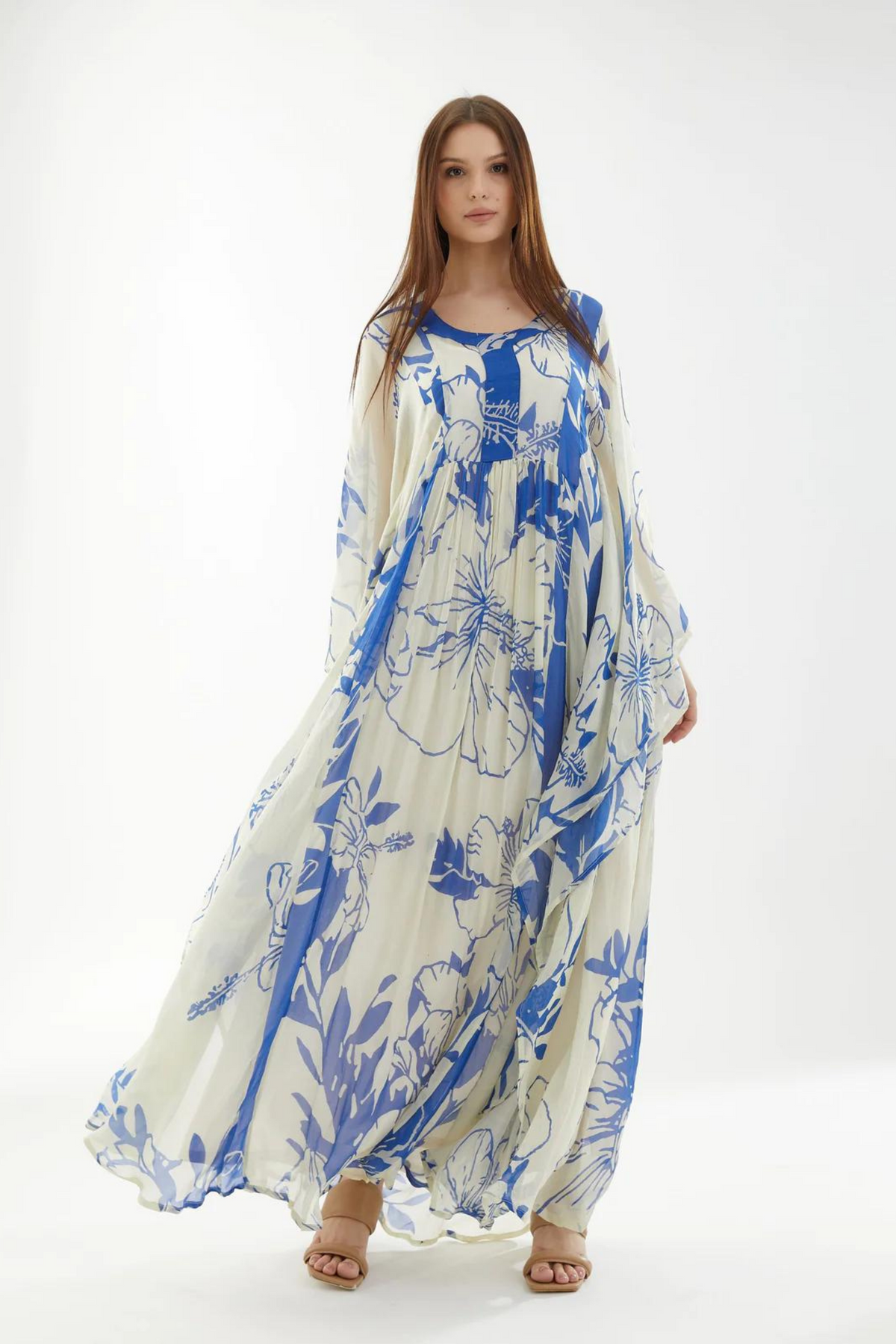 White And Blue Floral Kaftan